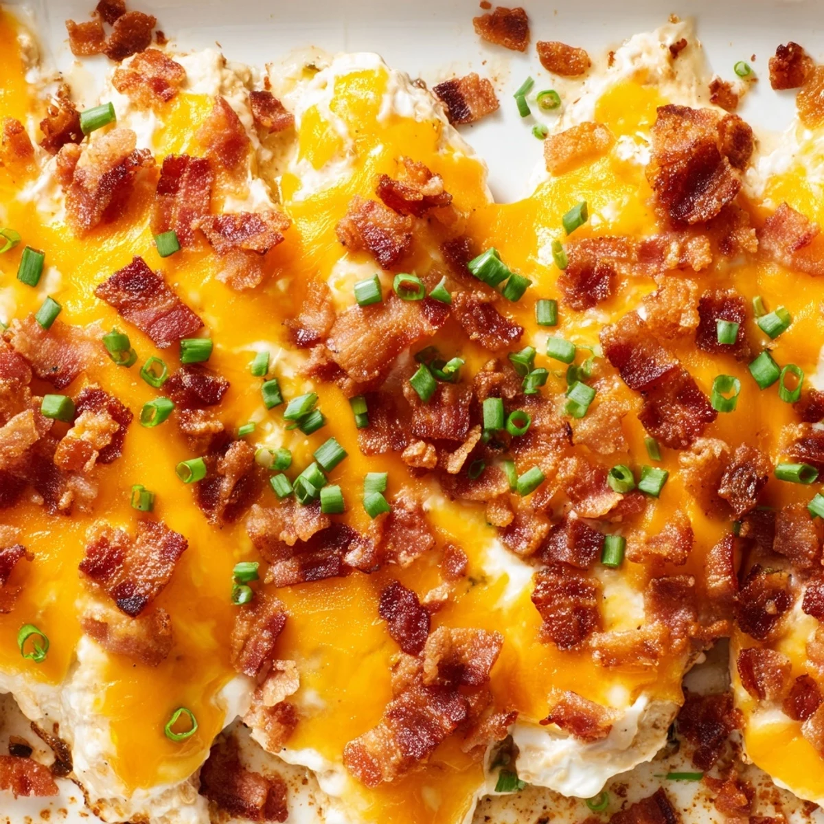 Creamy crack chicken topped with melted cheddar and crispy bacon pieces