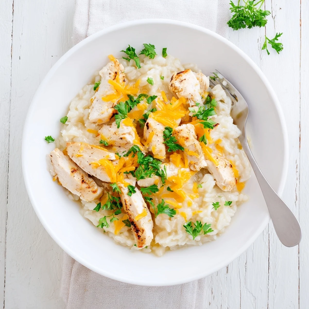 Tender chicken pieces swimming in rich creamy sauce over perfectly cooked white rice