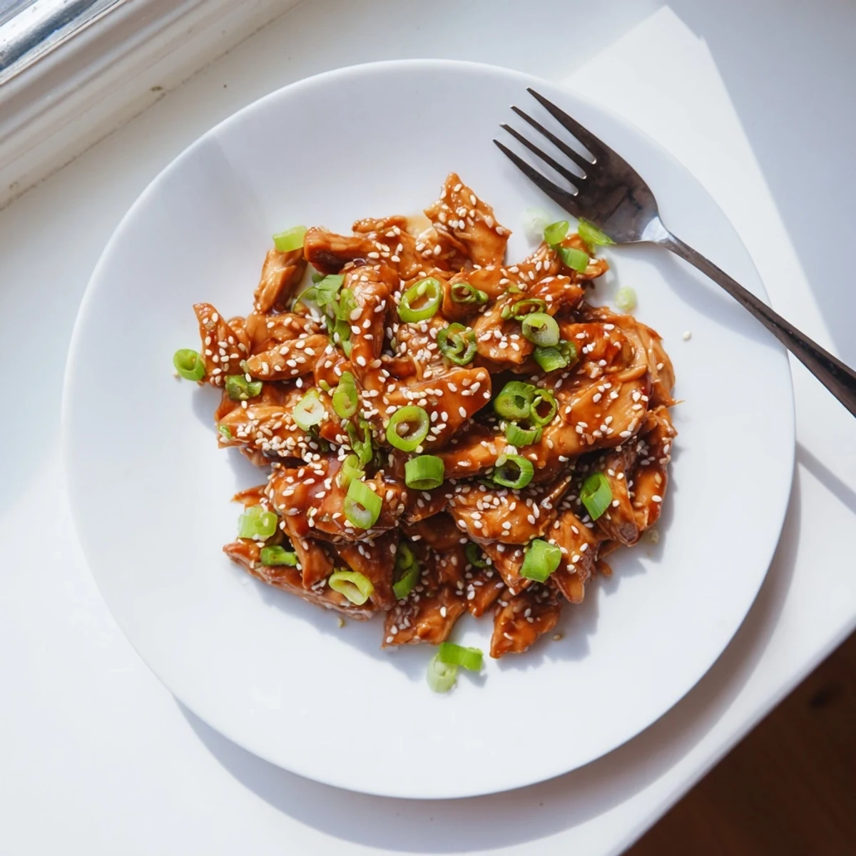 Tender shredded Crockpot Teriyaki Chicken glazed in thick sticky sweet soy sauce