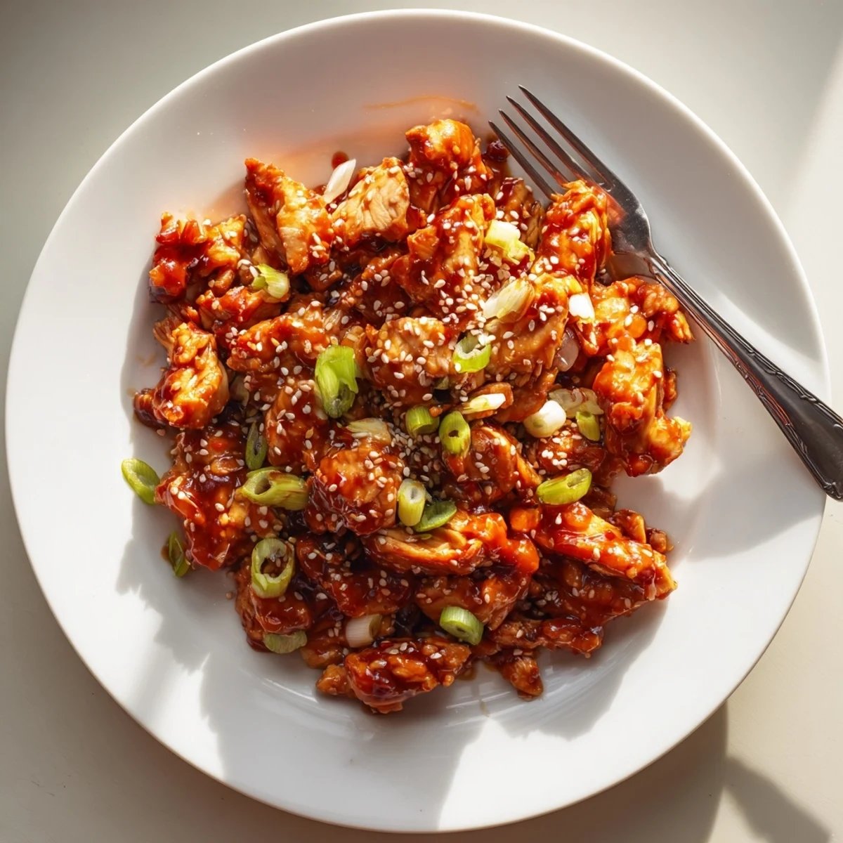Golden brown slow-cooked chicken pieces coated in glossy homemade teriyaki glaze