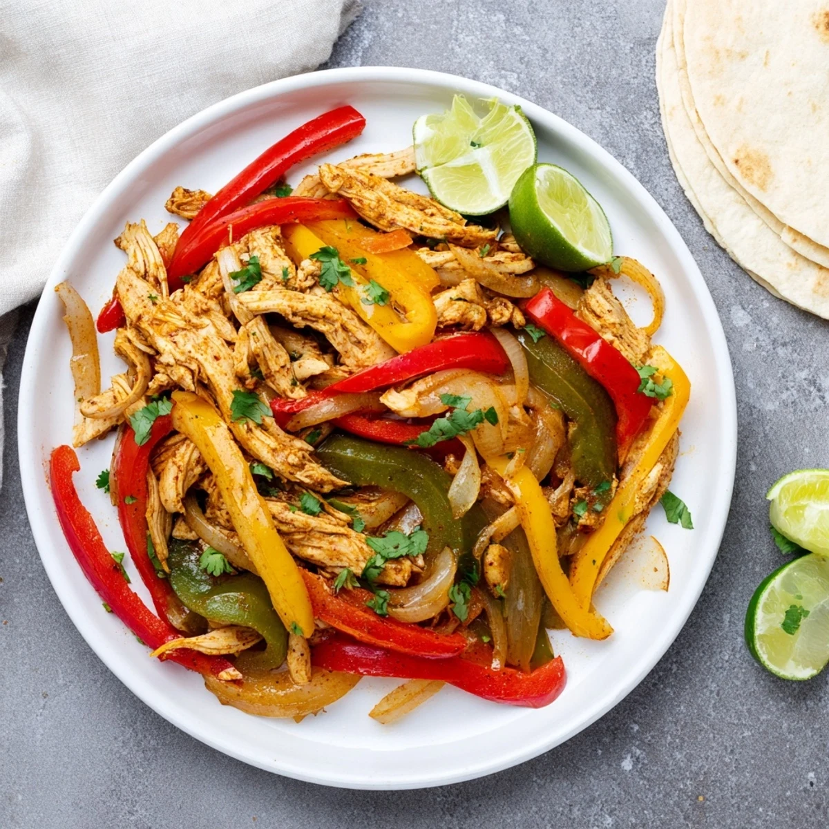Easy Crockpot Chicken Fajitas served in warm tortillas topped with fresh cilantro and lime