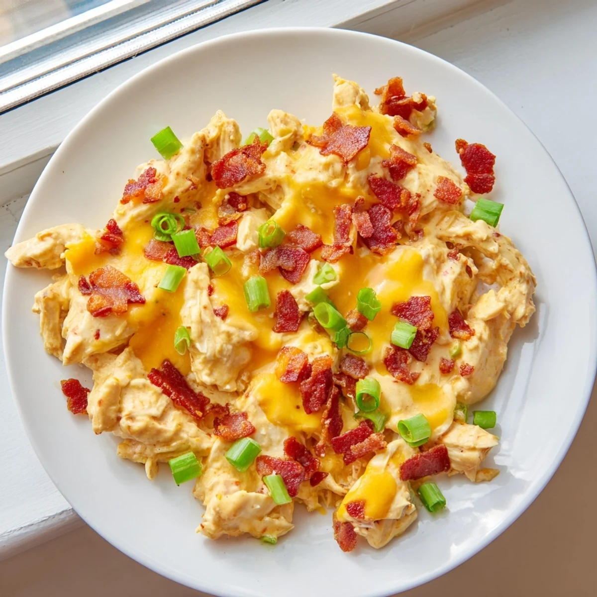 Creamy Crock Pot crack chicken casserole topped with melted cheddar and crispy bacon