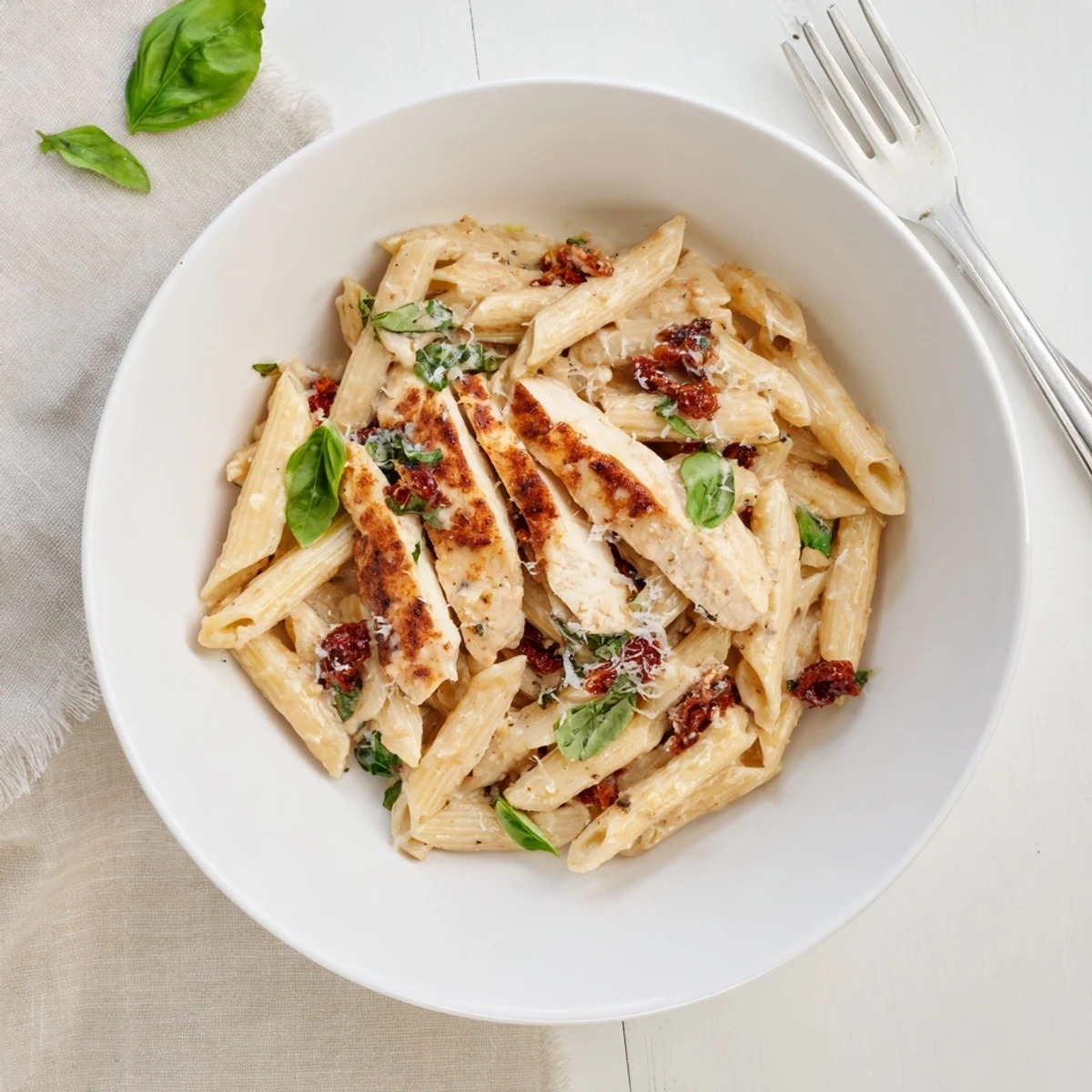 Creamy Marry Me Chicken Pasta with sun-dried tomatoes and parmesan in a white sauce bowl