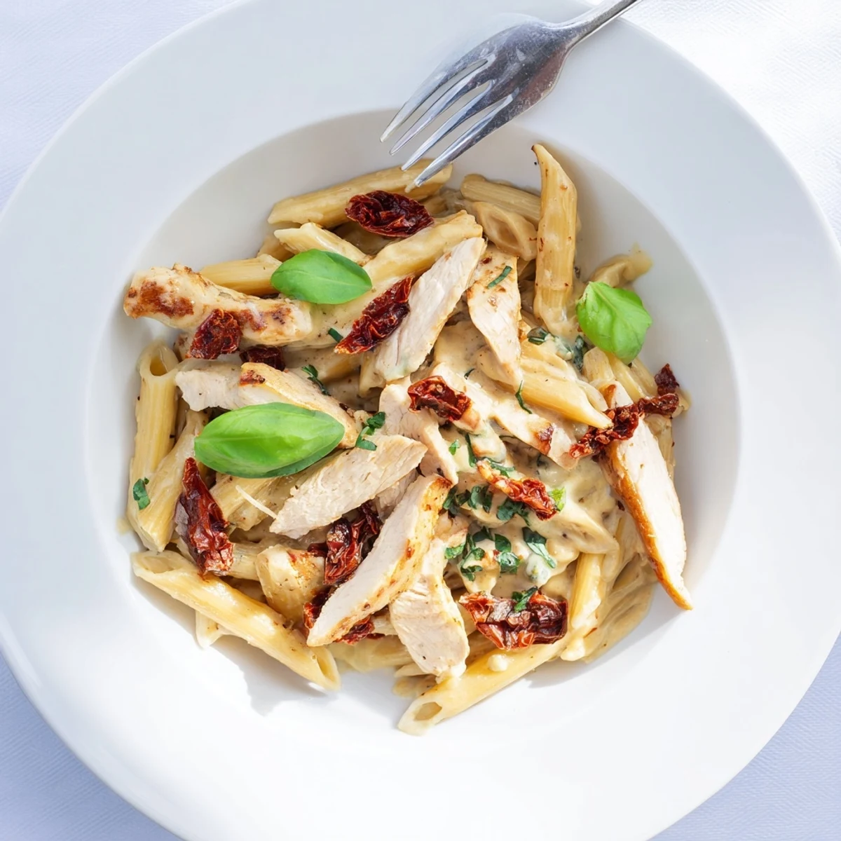 Golden sliced chicken breast tossed with penne pasta in rich garlic cream sauce