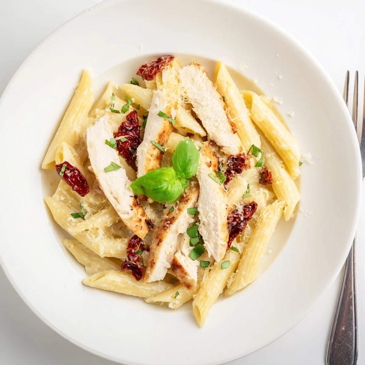 Twirled fettuccine pasta coated in luscious creamy sauce topped with tender chicken strips and fresh basil