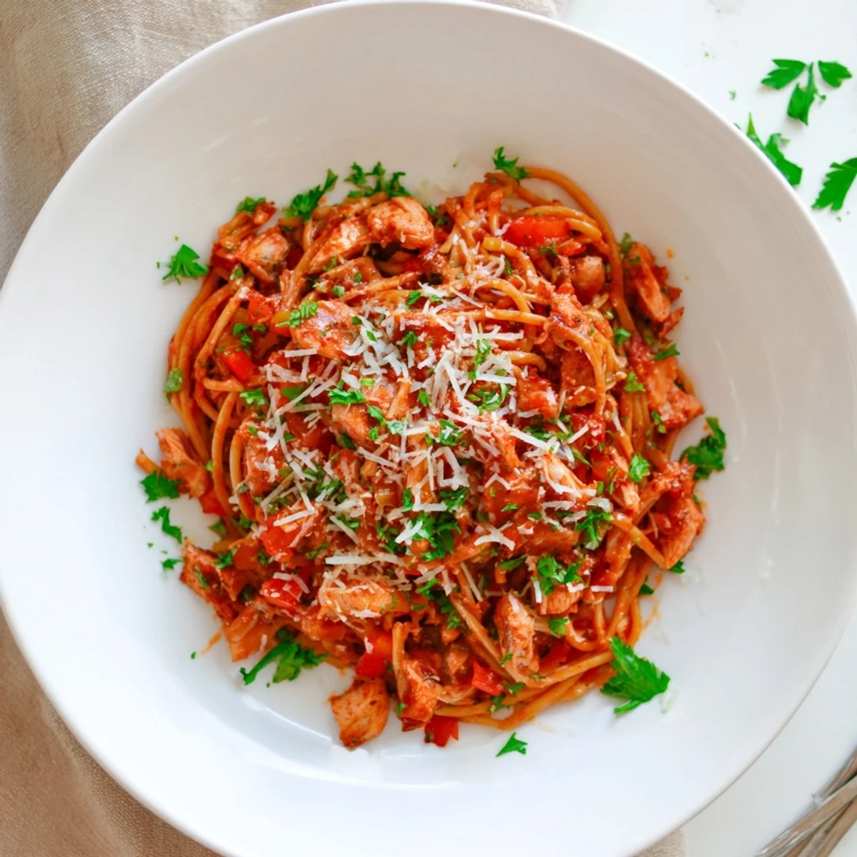 Steam rises from a bowl of savory Instant Pot chicken spaghetti with tender pasta in rich tomato sauce
