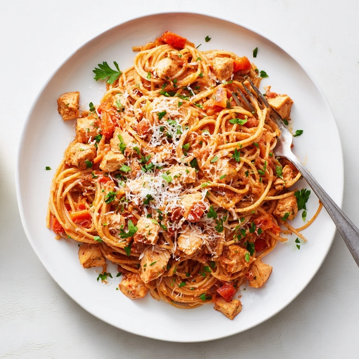 Golden chicken pieces mix with al dente spaghetti in this comforting one-pot Instant Pot dish topped with parmesan
