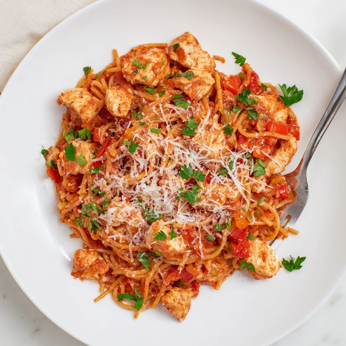 Hearty Instant Pot chicken spaghetti served family-style with fresh parsley and grated parmesan on top
