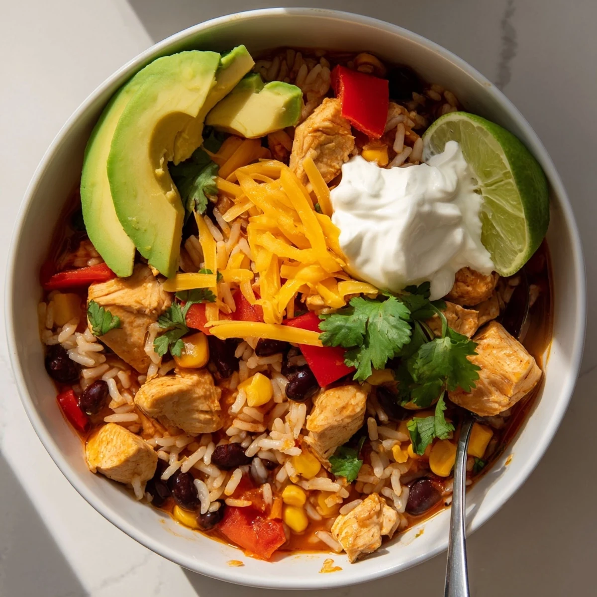 Instant Pot Chicken Burrito Bowls topped with melted cheese, avocado, and fresh cilantro