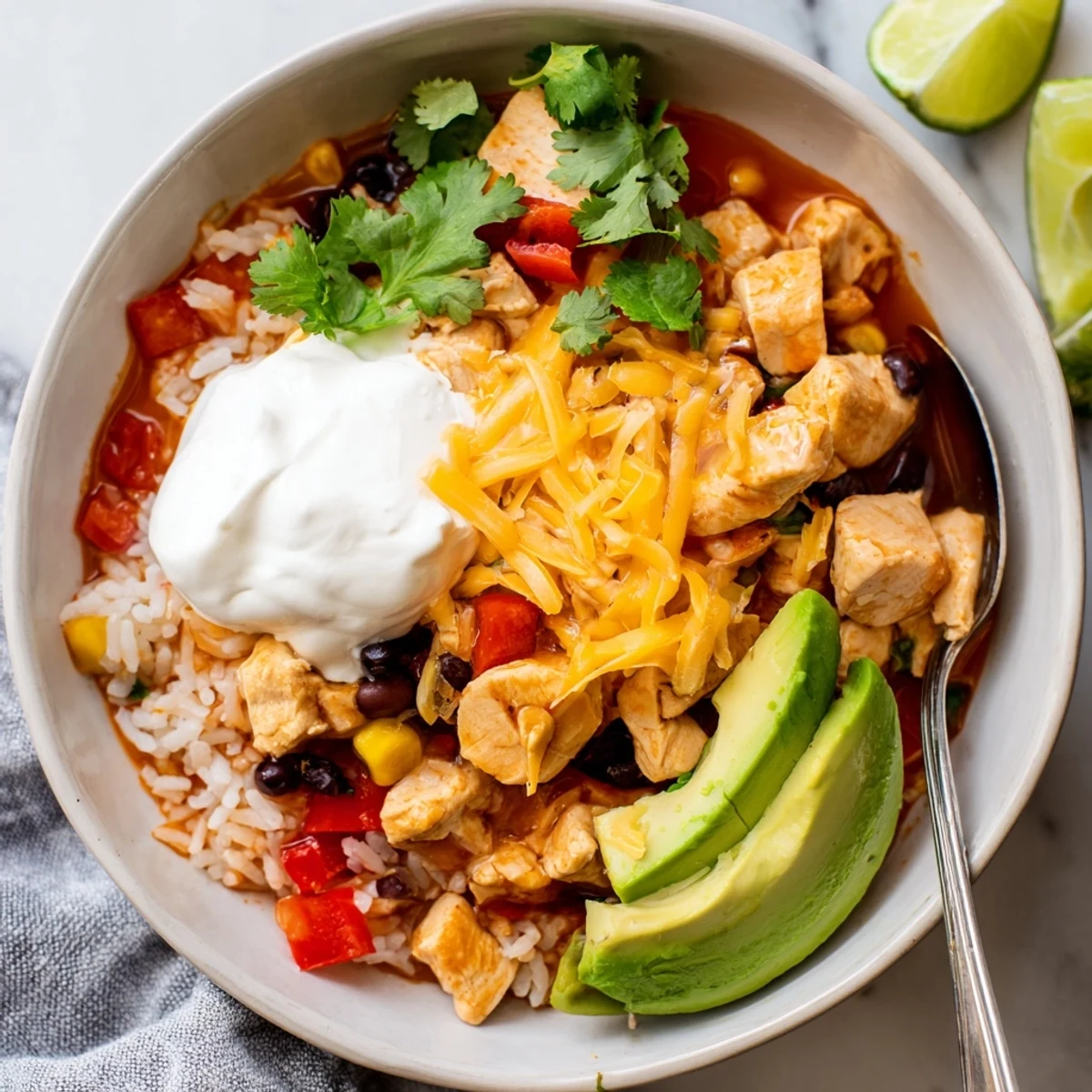 Steamy Chicken Burrito Bowls served in a white bowl with colorful vegetables
