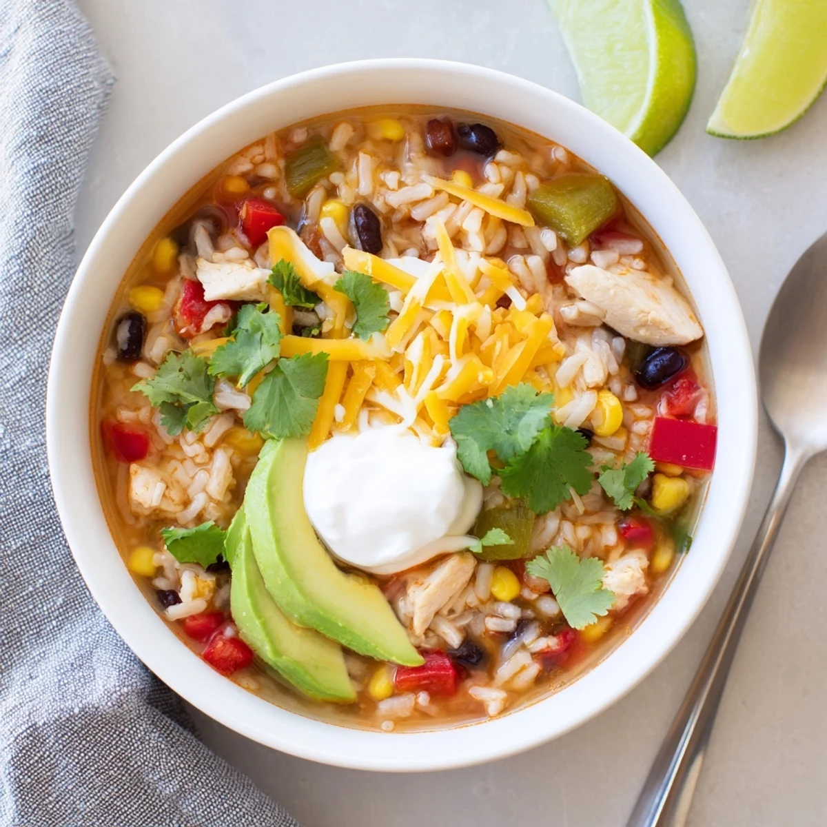 Savory Instant Pot Chicken Burrito Bowls garnished with sour cream and lime wedges