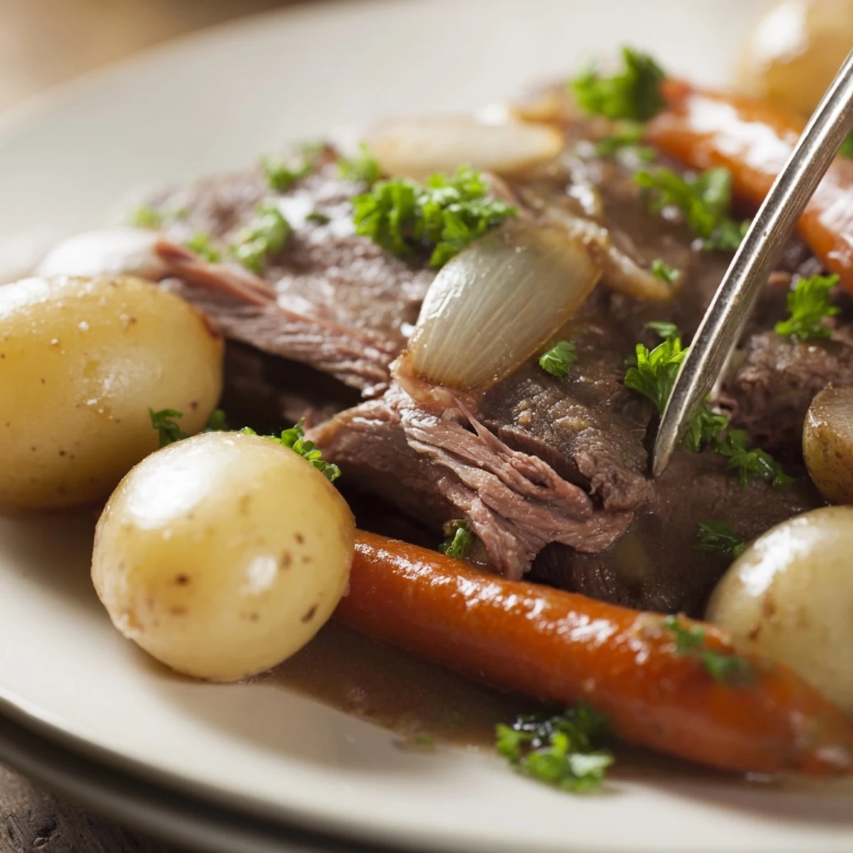 Tender slow cooker steak and potatoes with baby carrots in a rich beef broth