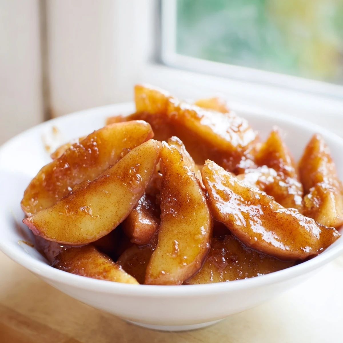 Soft glazed apples with brown sugar cinnamon coating served in white ceramic bowl