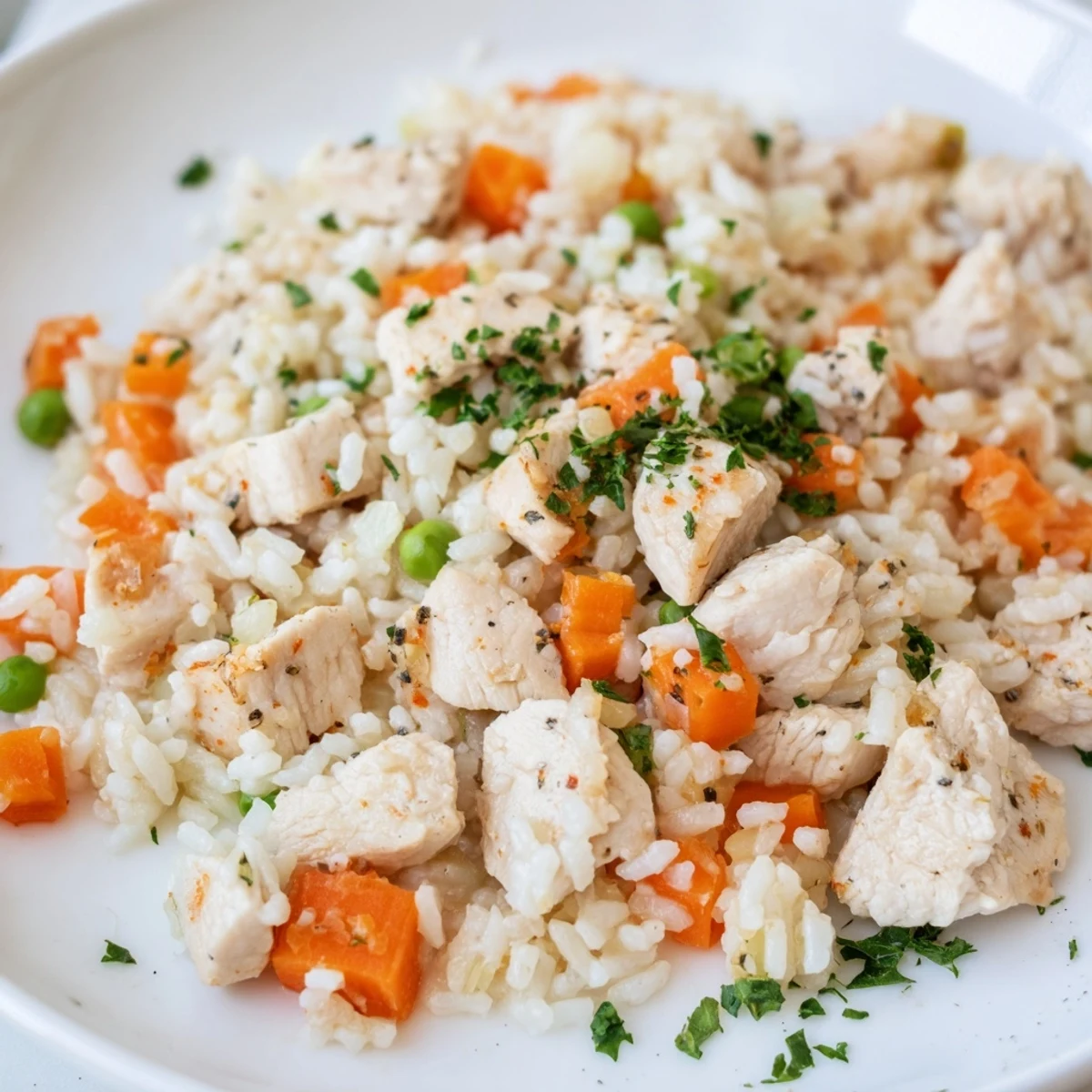 Golden Instant Pot chicken and rice dish garnished with fresh green parsley in a bowl