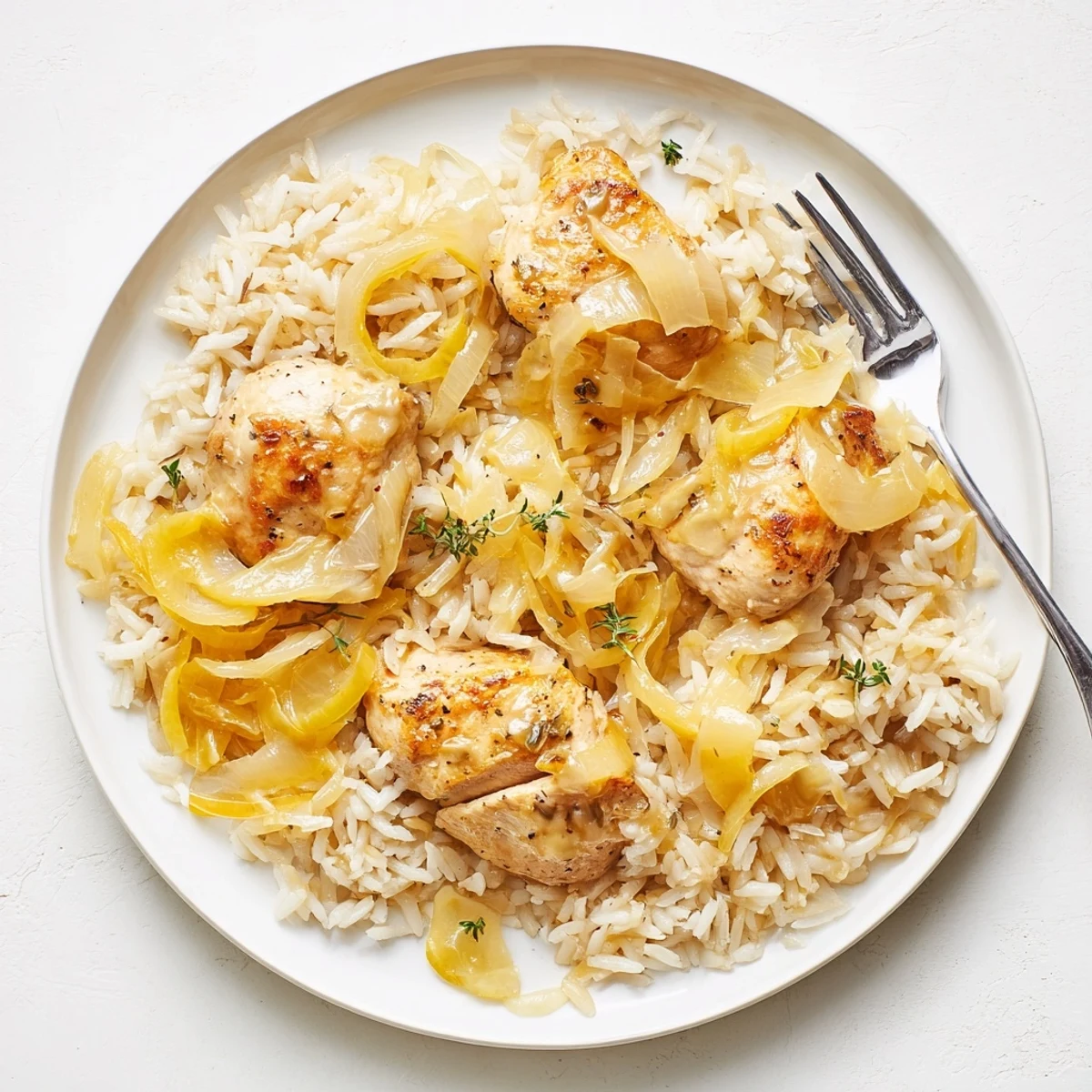 Creamy French onion chicken with tender meat resting atop golden rice in bubbling Gruyère sauce