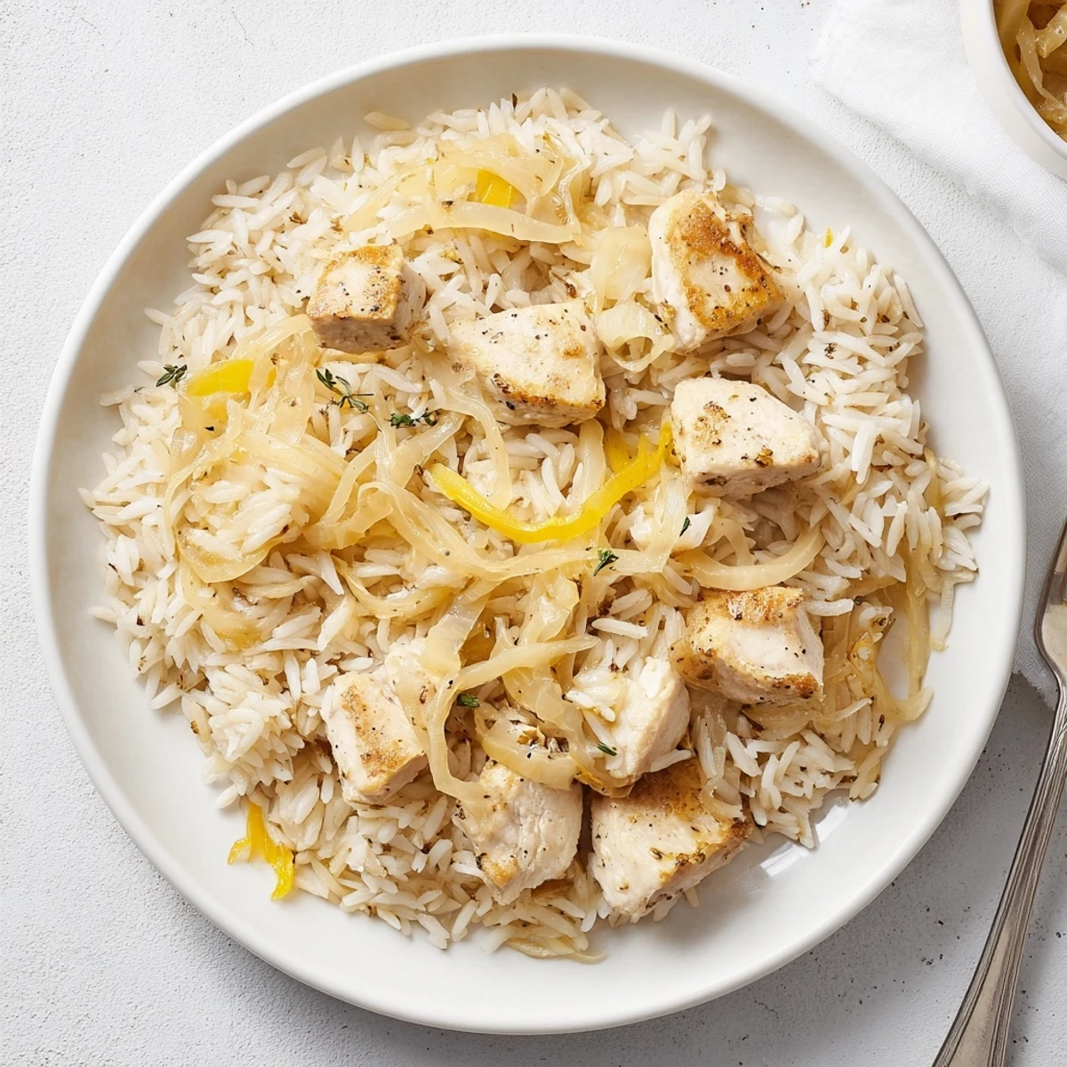 Golden chicken breasts simmered with caramelized onions and rice in a rich, velvety cream sauce