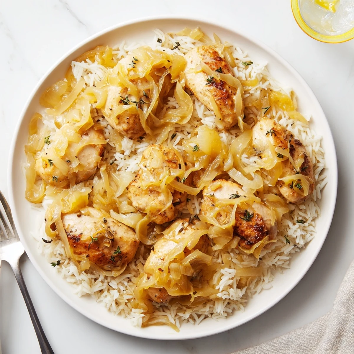 Savory French onion chicken rice dish featuring melted cheese and caramelized onions in a creamy skillet