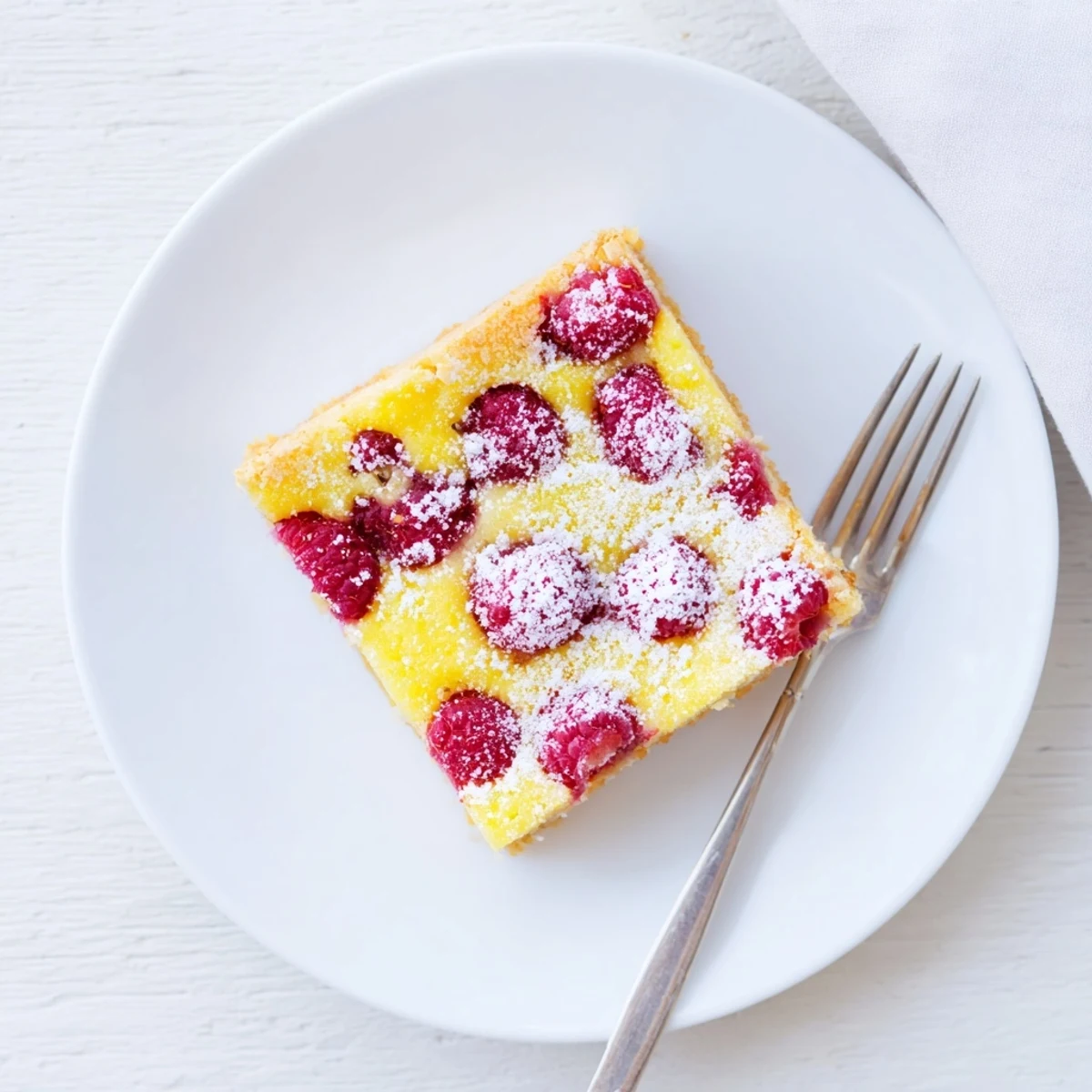 Golden lemon raspberry bars on a white dessert plate, dusted with powdered sugar