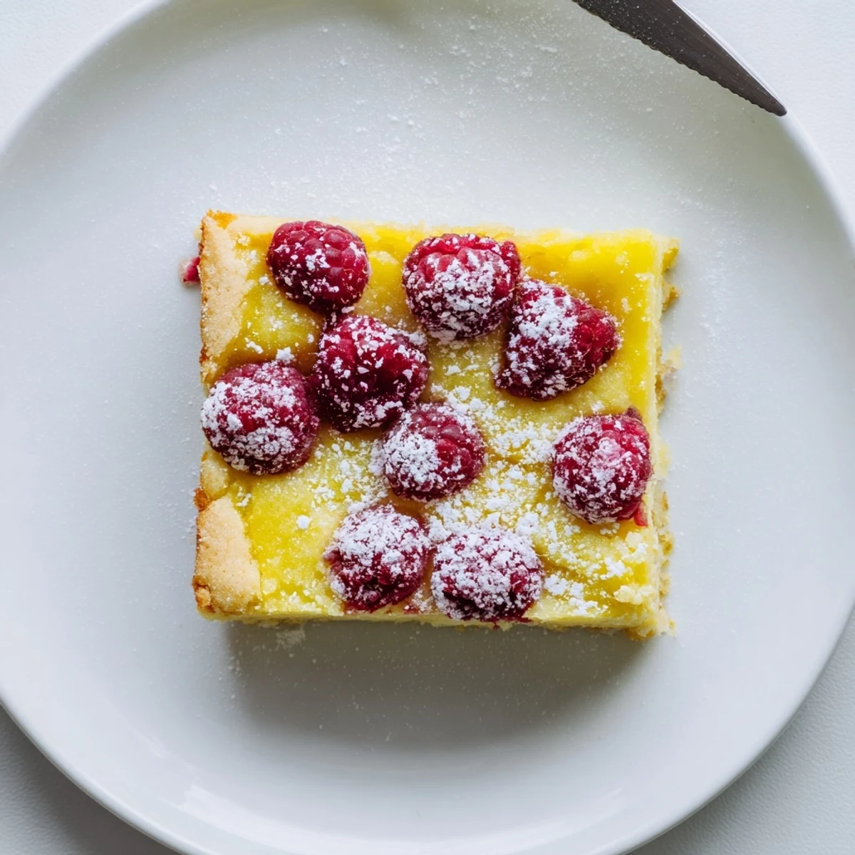 Fresh raspberry streaks swirl through bright lemon filling atop buttery shortbread crust squares