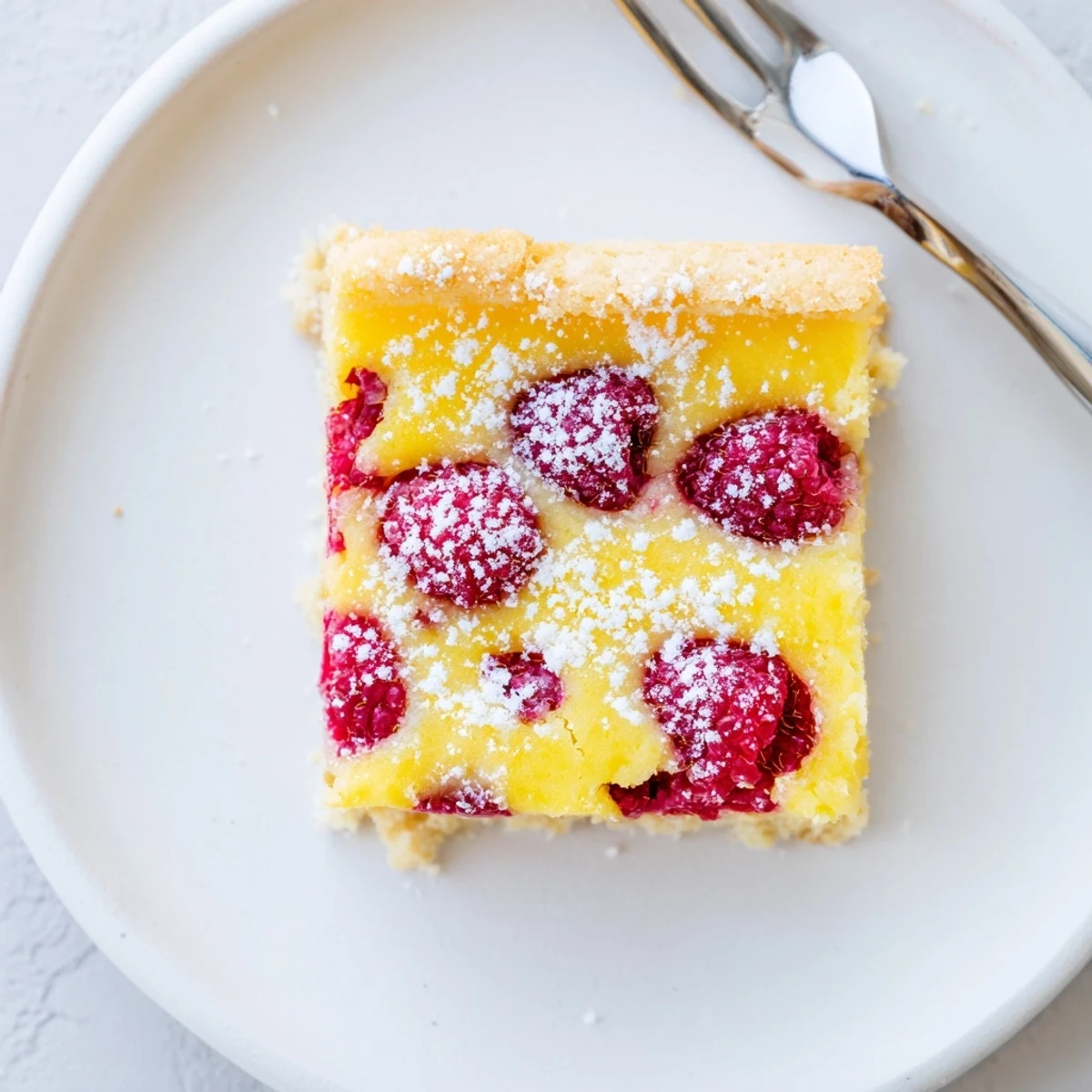 Homemade lemon raspberry bars cut into neat pieces on a wooden serving board