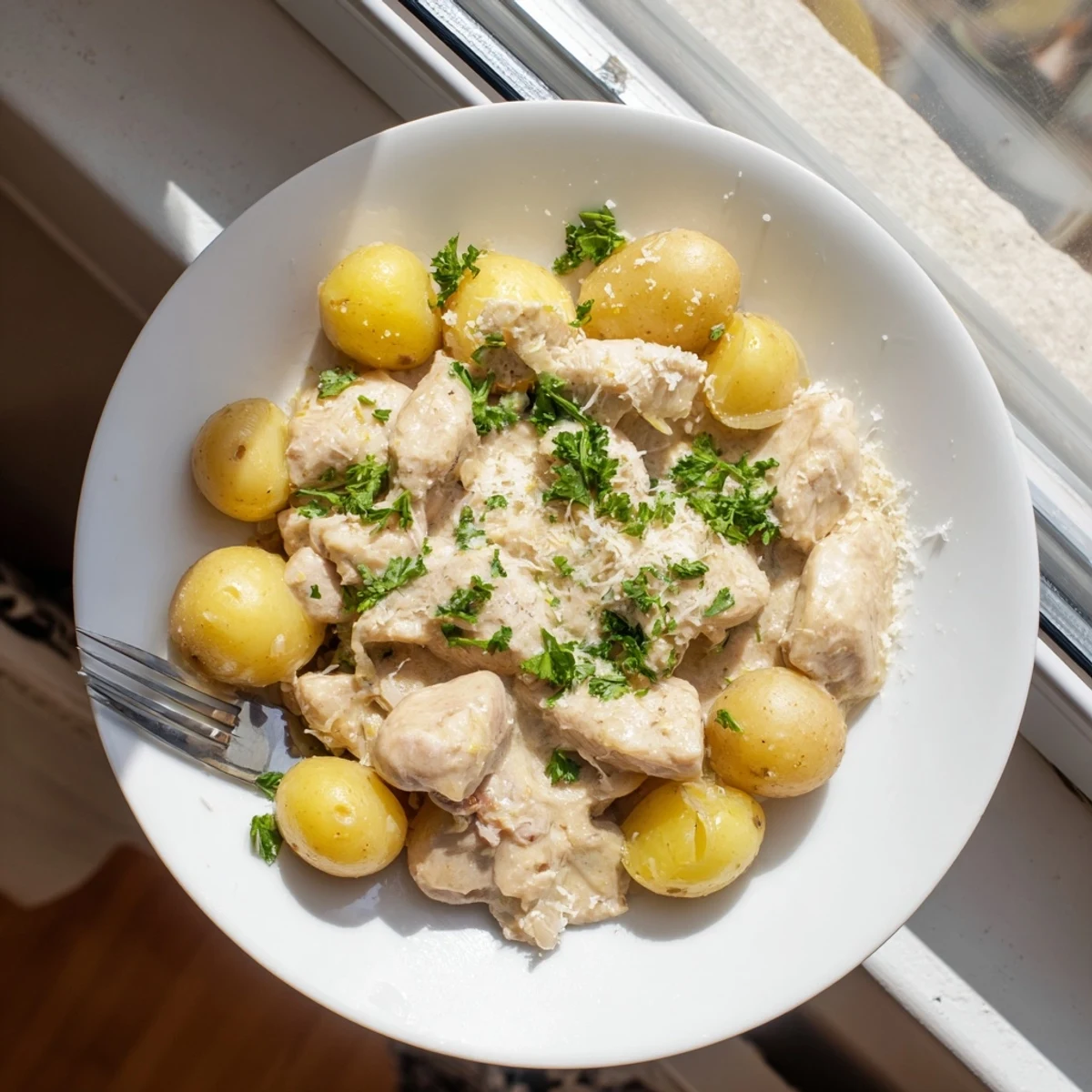 Golden slow cooker garlic parmesan chicken and potatoes with tender meat and creamy sauce