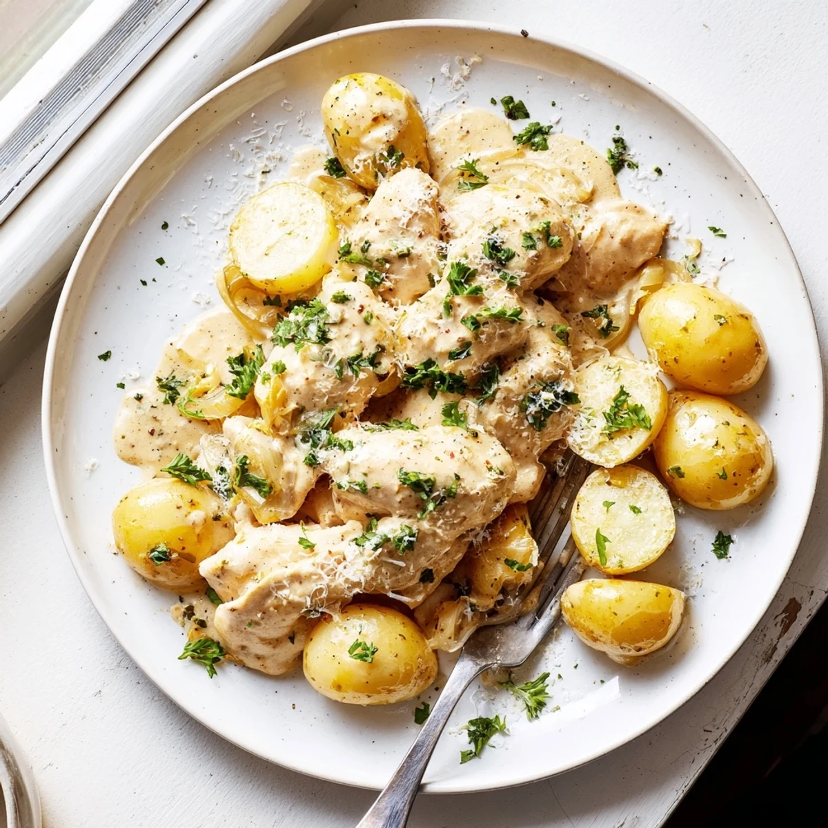 Comforting slow cooker dish with seasoned chicken and potatoes topped with melted parmesan and fresh parsley