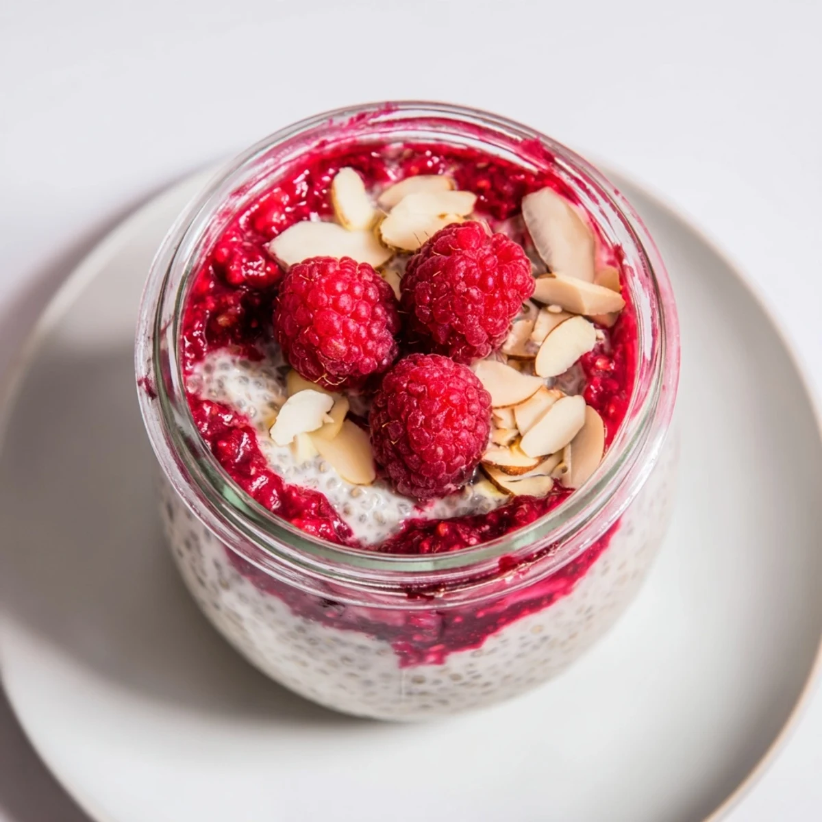 Layered glass jar displaying creamy maple sweetened raspberry chia pudding with fresh berry toppings