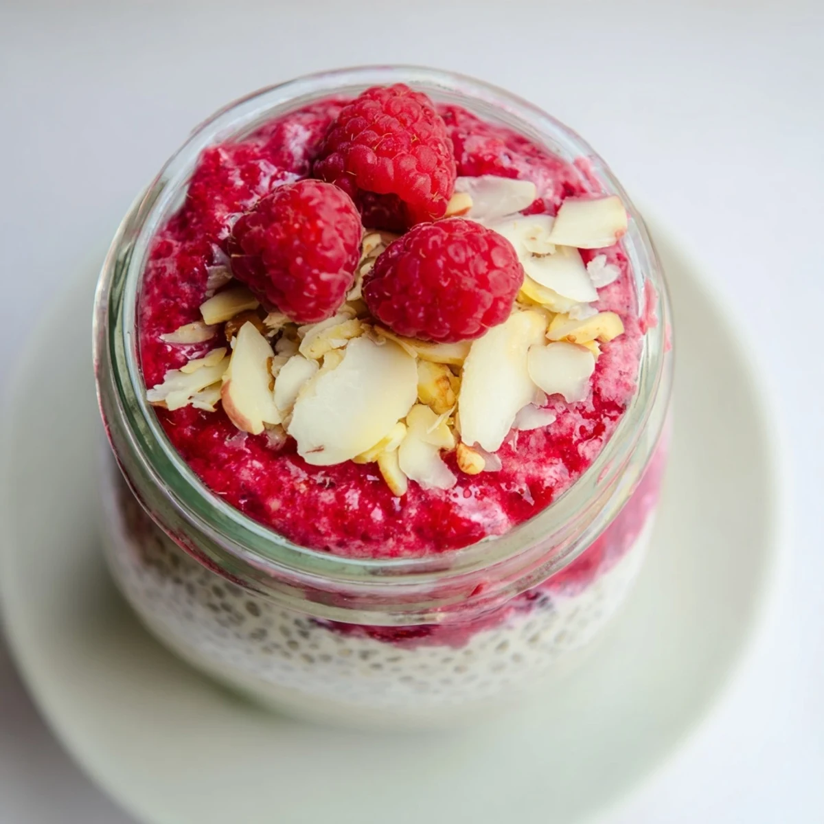 Parfait style glass showing thick raspberry chia pudding layered with maple infused raspberry compote
