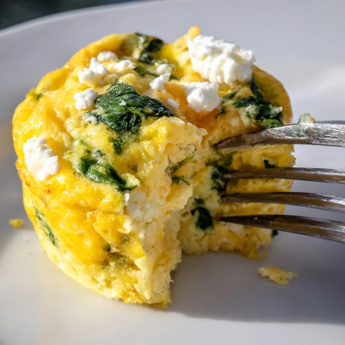 Golden baked egg muffins with spinach and feta in a muffin tin
