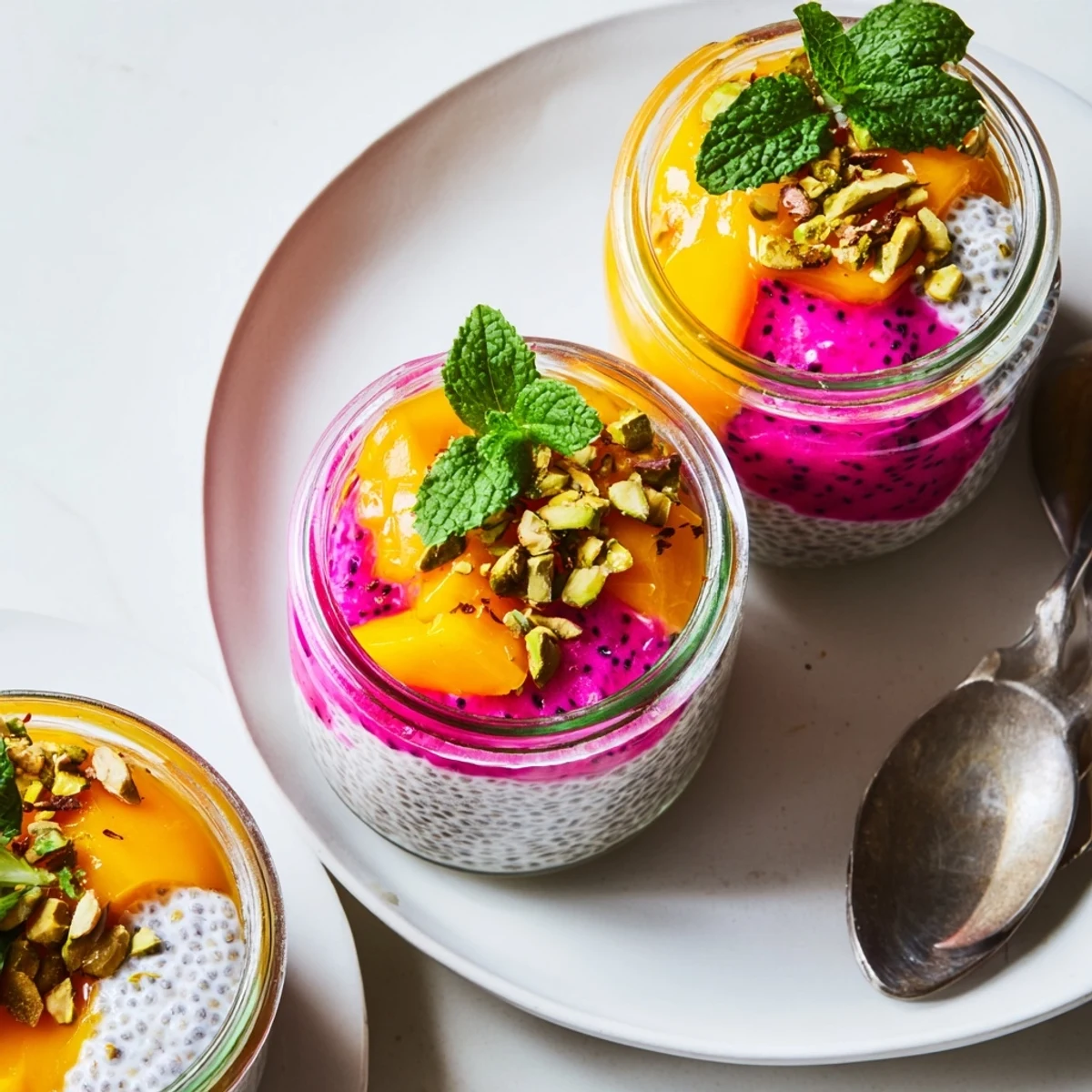 Vibrant layered mango and dragon fruit chia pudding in clear glass with mint garnish