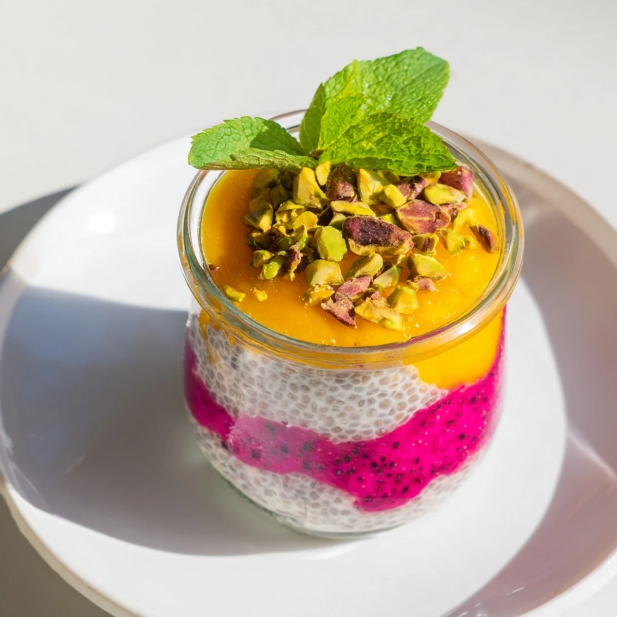 Creamy coconut chia pudding topped with sweet mango and bright pink dragon fruit layers