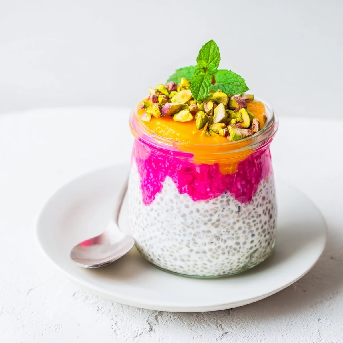 Tropical breakfast bowl showcasing mango and dragon fruit chia pudding with toasted coconut flakes