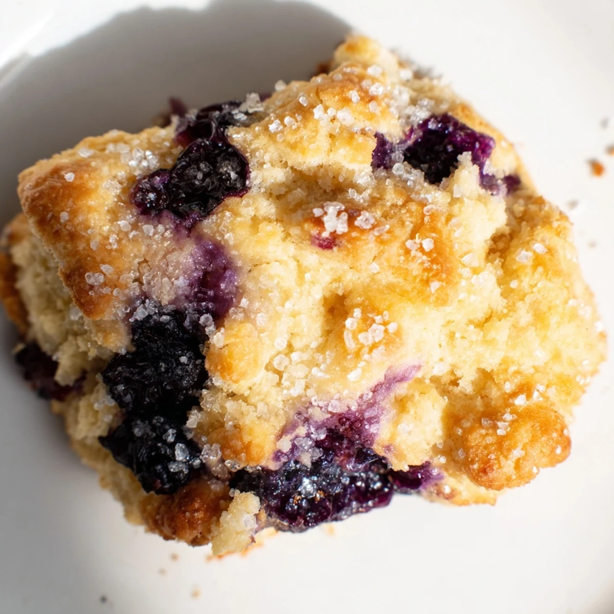 Golden homemade blueberry biscuits fresh from the oven with sugar-crusted tops and bursting purple berries