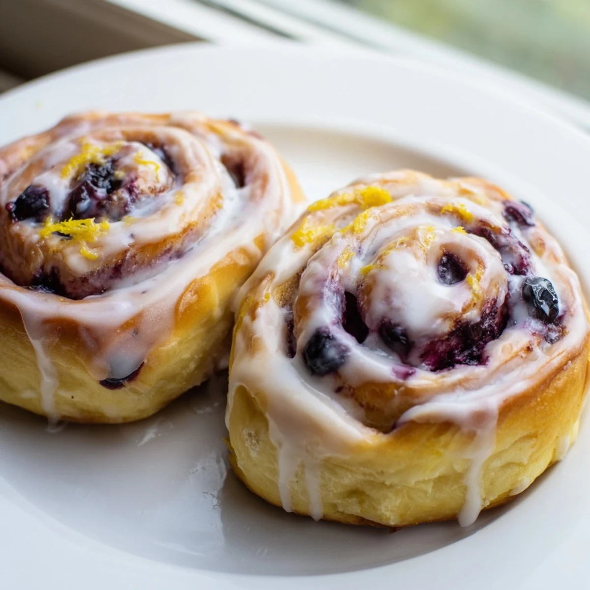 Golden lemon blueberry rolls drizzled with sweet citrus glaze on a white plate