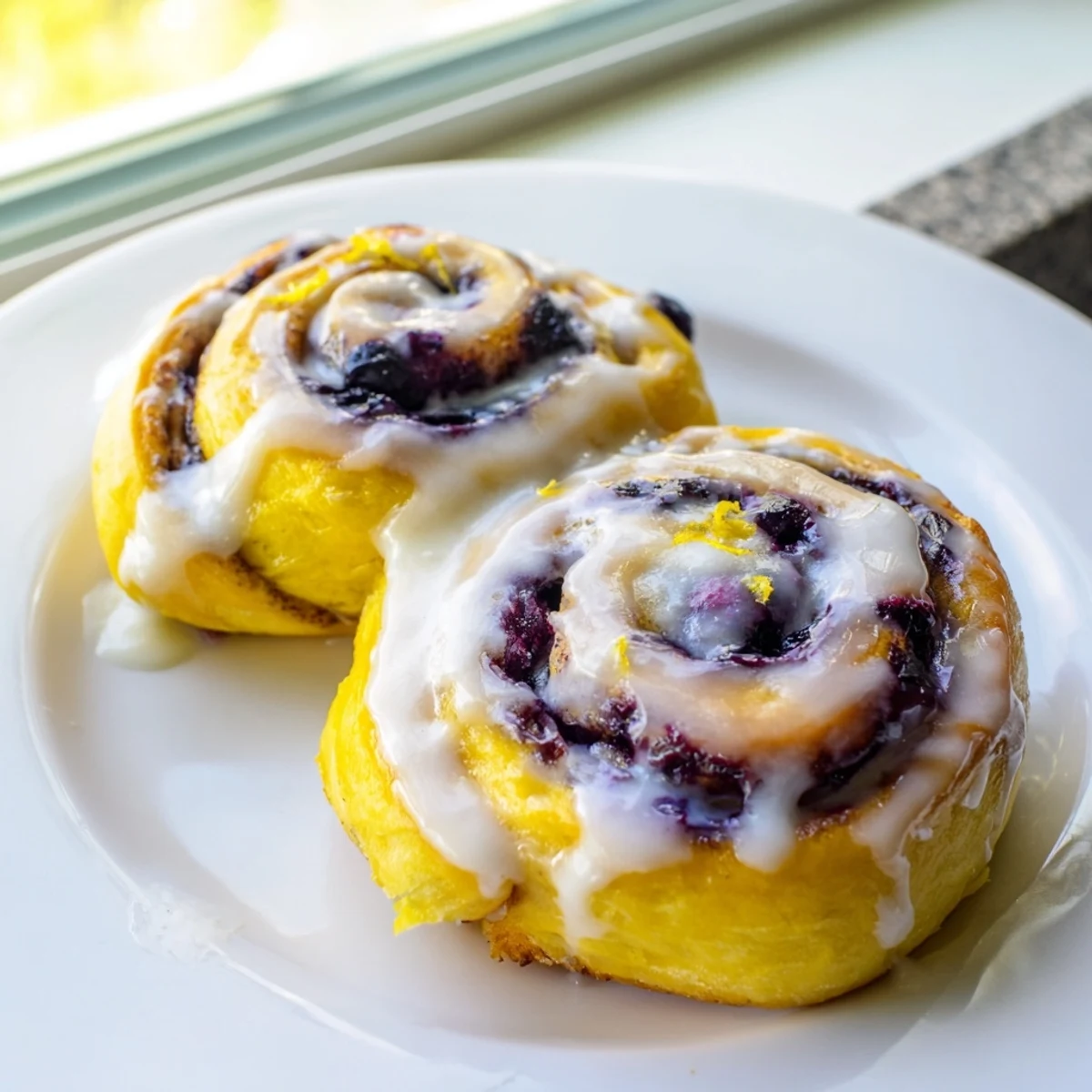 Soft lemon blueberry rolls swirled with juicy berries and creamy icing