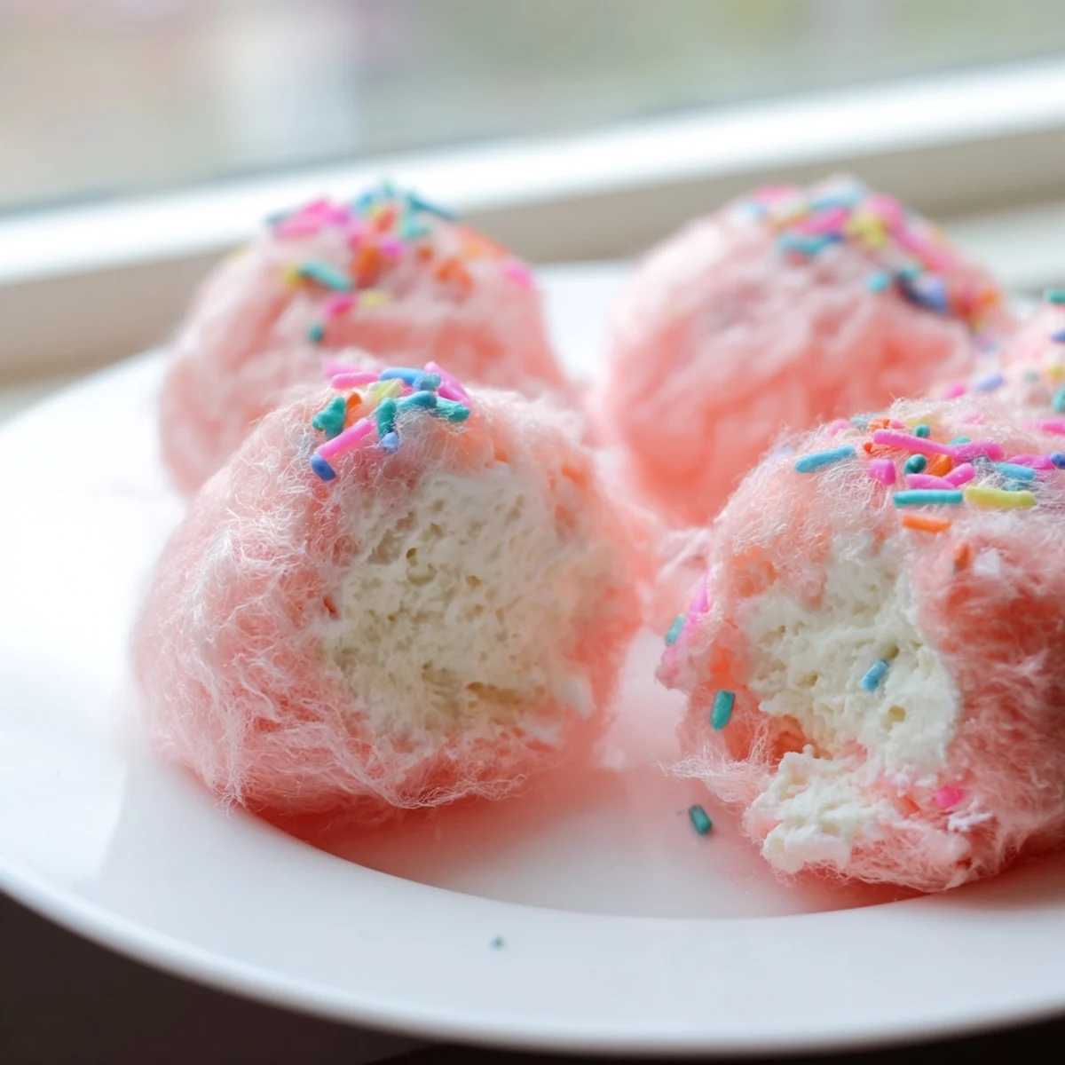Mini Cotton Candy Cheesecake Puff Balls topped with colorful sprinkles on a white serving plate