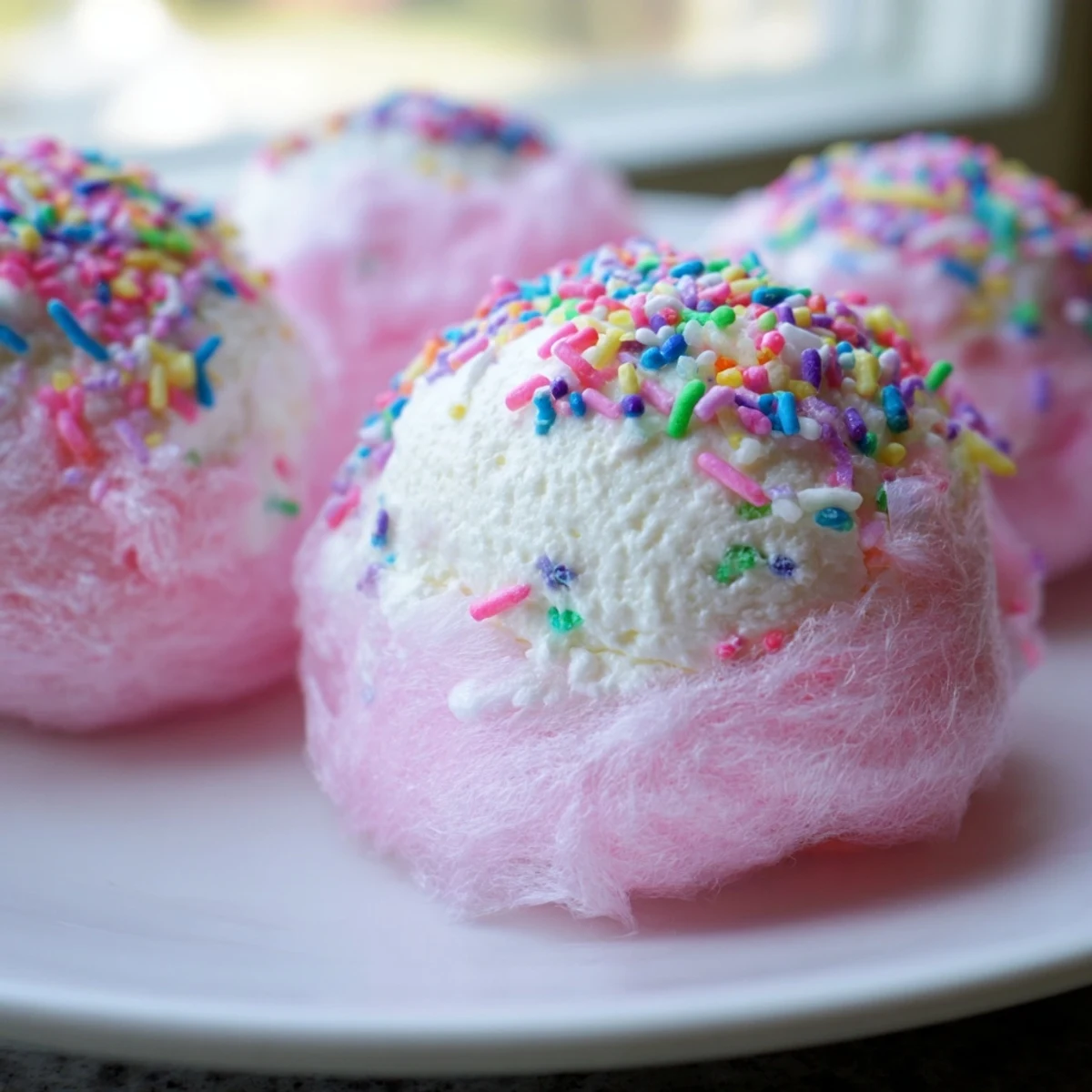 Creamy Mini Cotton Candy Cheesecake Puff Balls with fluffy pastel pink and blue spun sugar coating