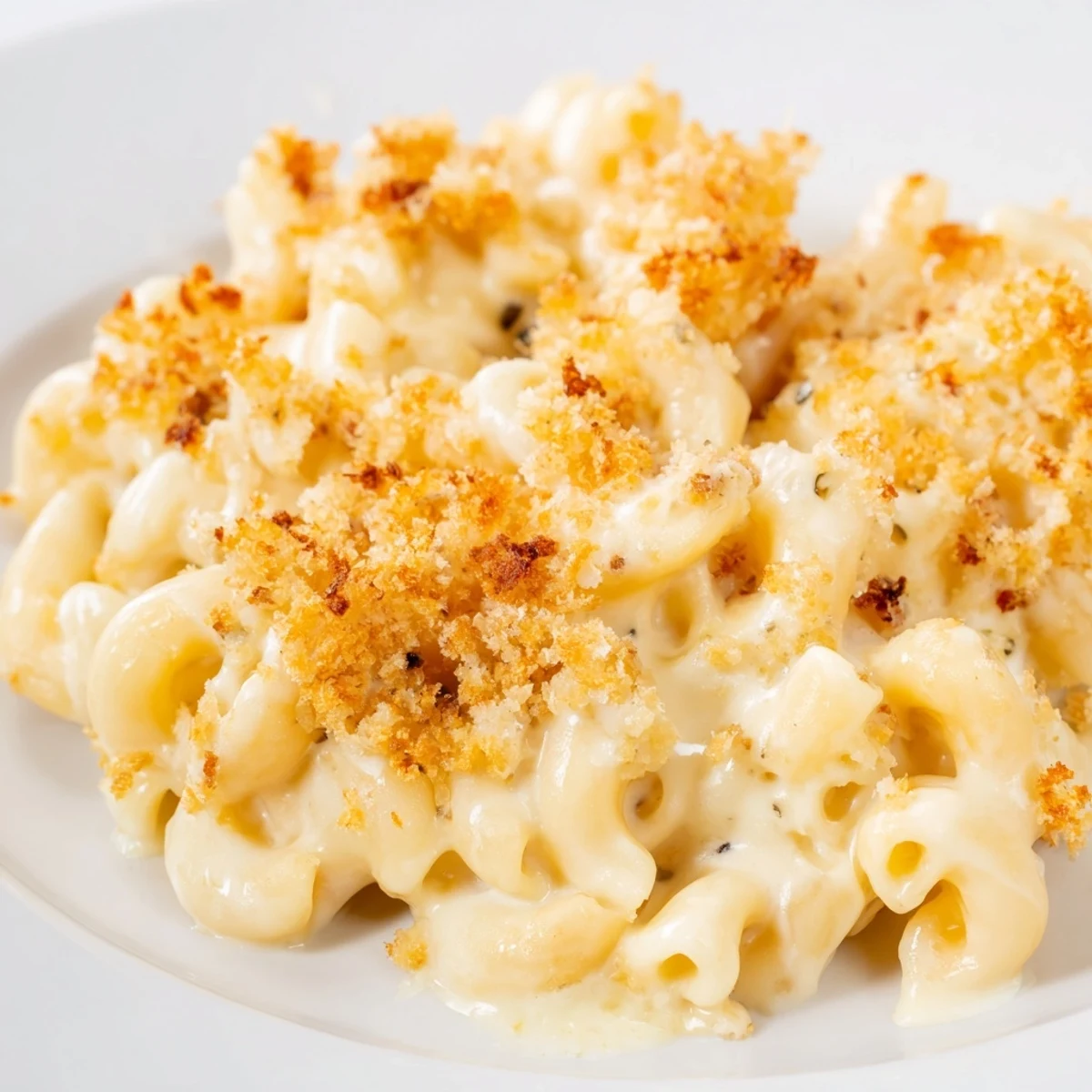 Golden baked three cheese macaroni with bubbling cheese sauce and crispy panko topping
