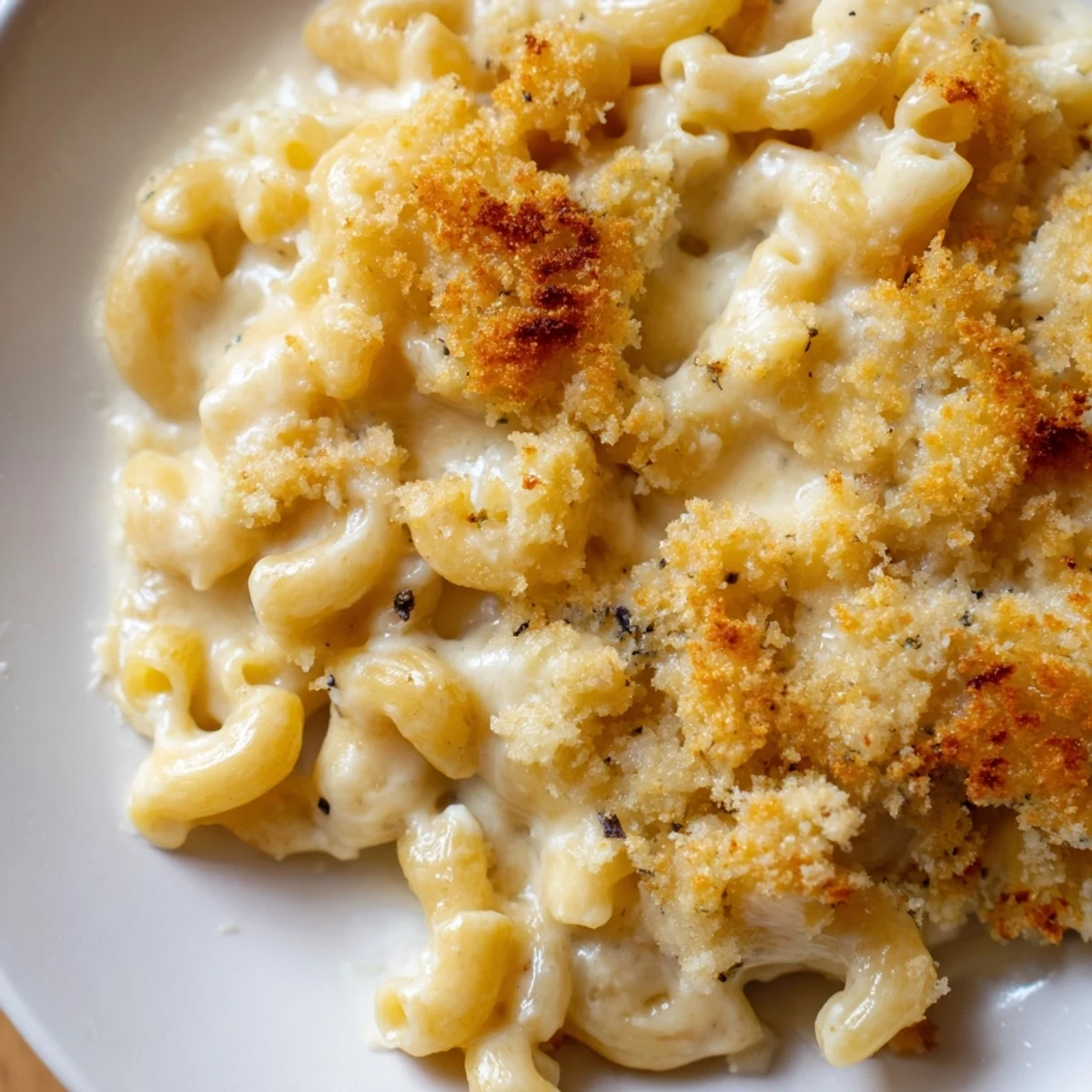 Creamy three cheese macaroni in a cast iron skillet with melted mozzarella strings