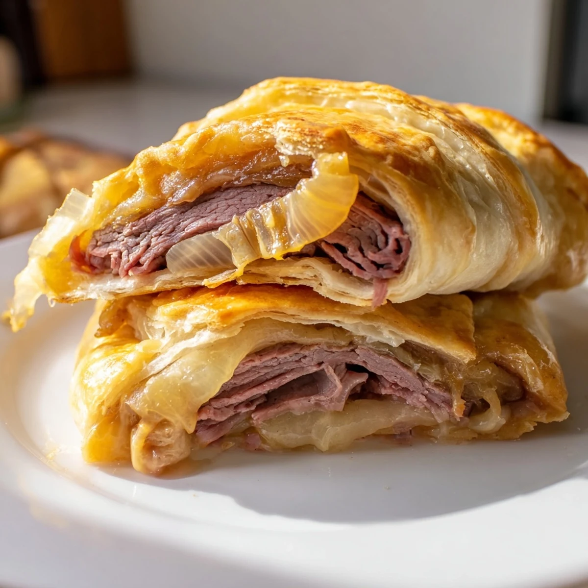 Golden Beef and Cheese French Dip Roll Ups arranged on a rustic wooden board with small bowl of rich au jus