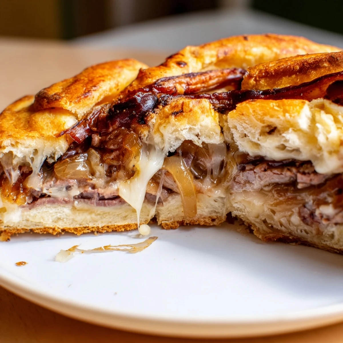 Beef and Cheese French Dip Roll Ups with melted provolone cheese bubbling inside flaky crescent dough pastry