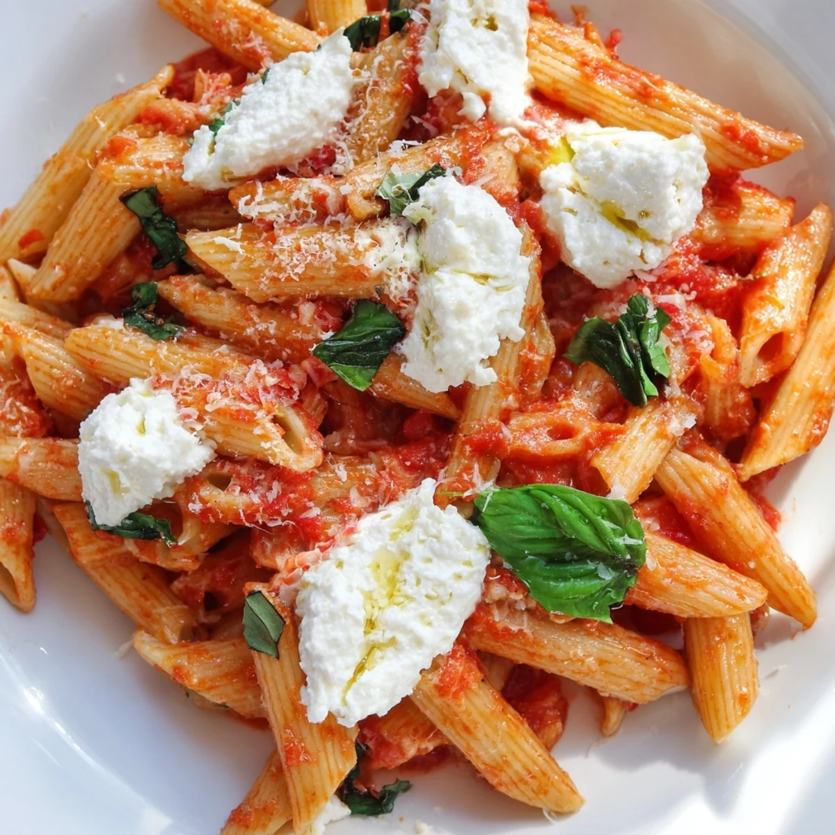 Creamy Tomato Garlic Ricotta Penne topped with fresh basil leaves on a white plate
