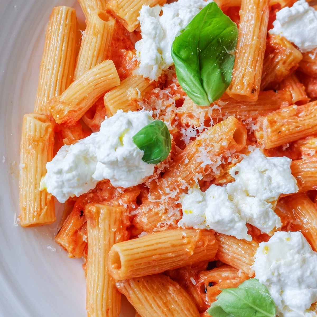Golden tomato garlic ricotta penne served in a rustic bowl with parmesan cheese