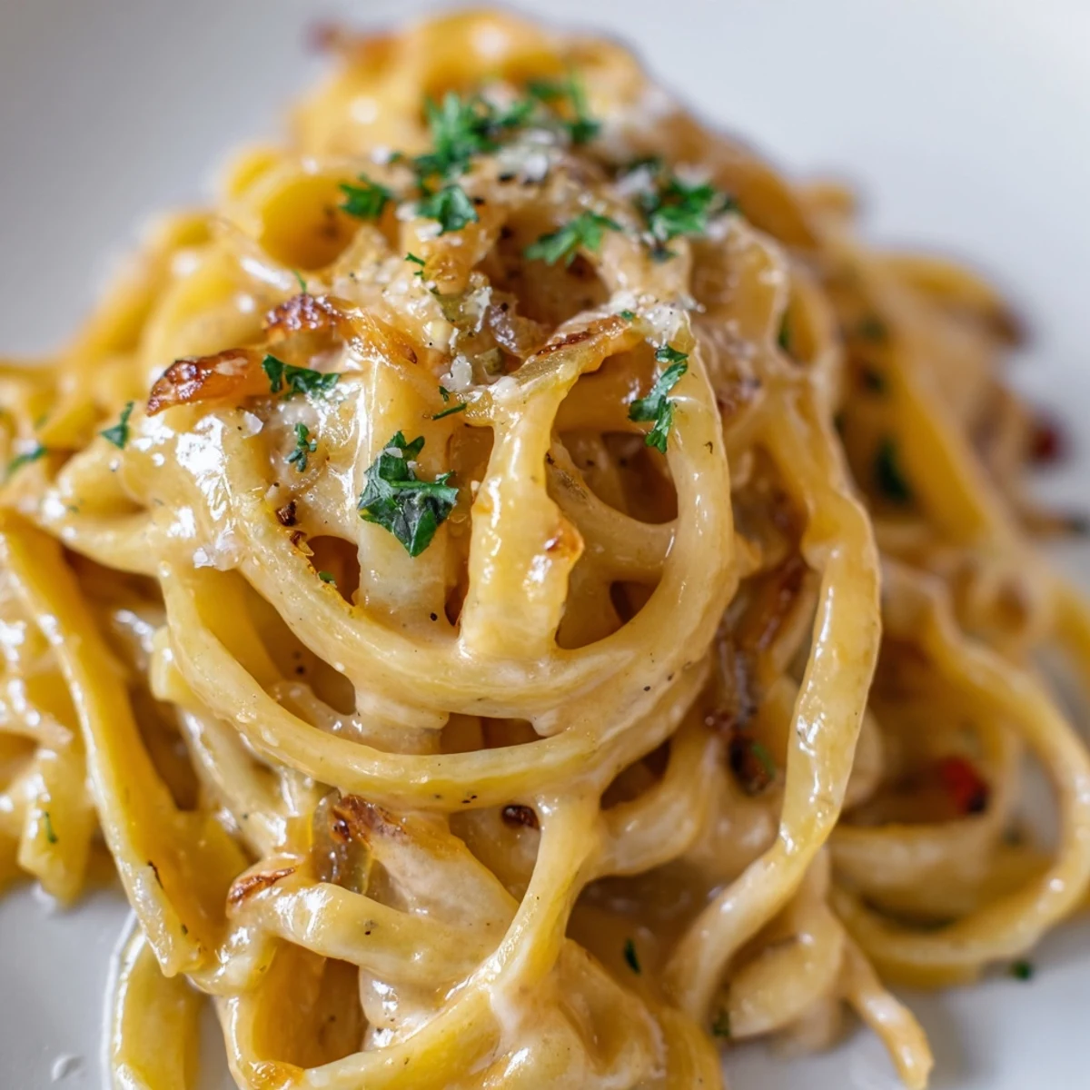 Sweet Heat Caramelized Onion Fettuccine topped with fresh parsley and Parmesan on a white plate