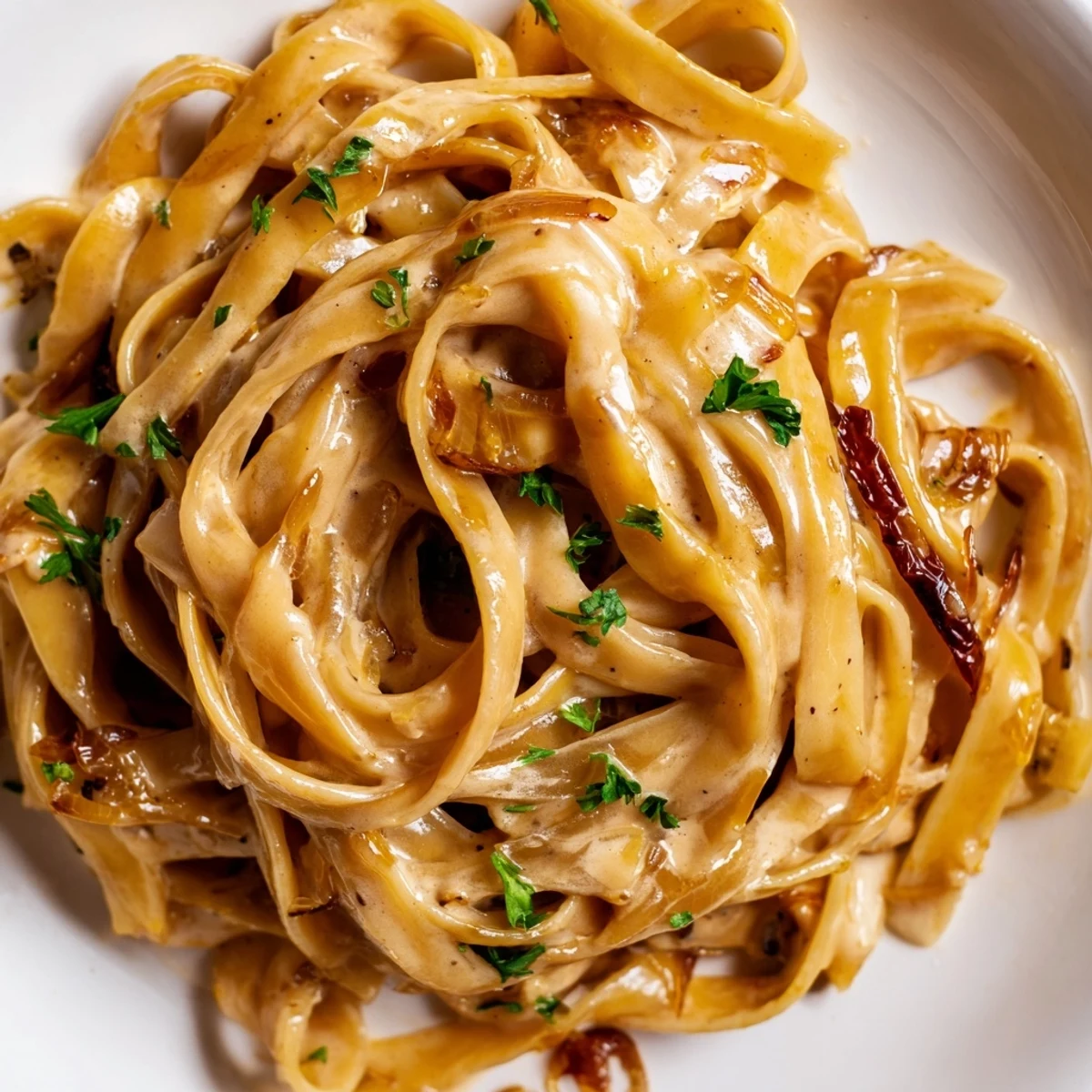 Creamy Sweet Heat Caramelized Onion Fettuccine glistening with golden sauce in a cast iron skillet