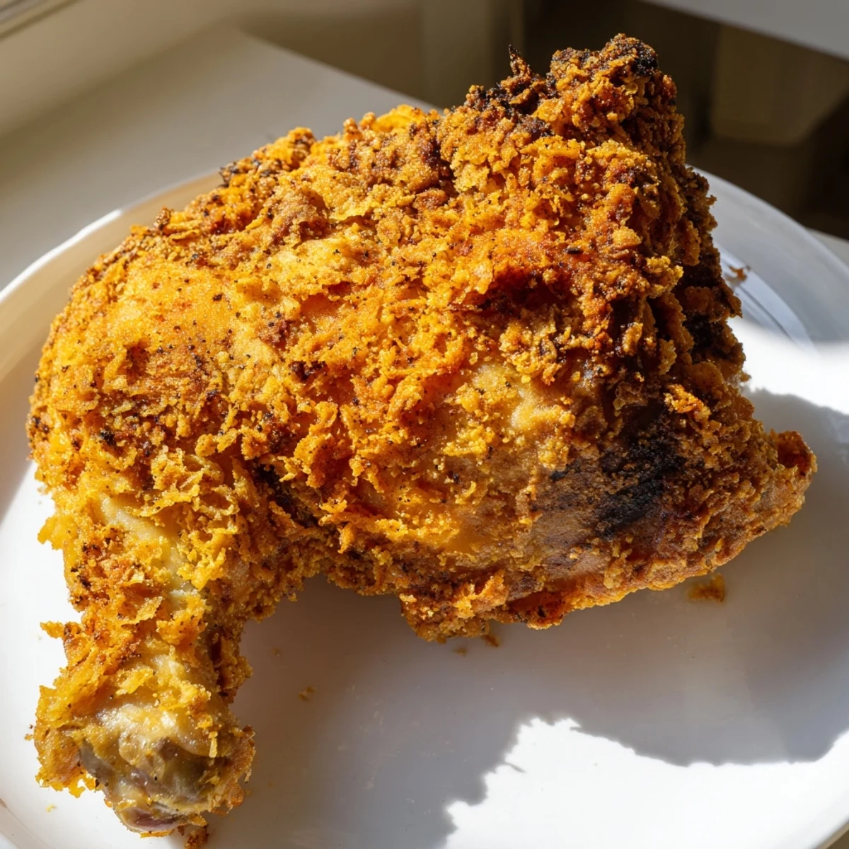 Juicy fried chicken thighs with speckled crust alongside creamy coleslaw and lemon wedges