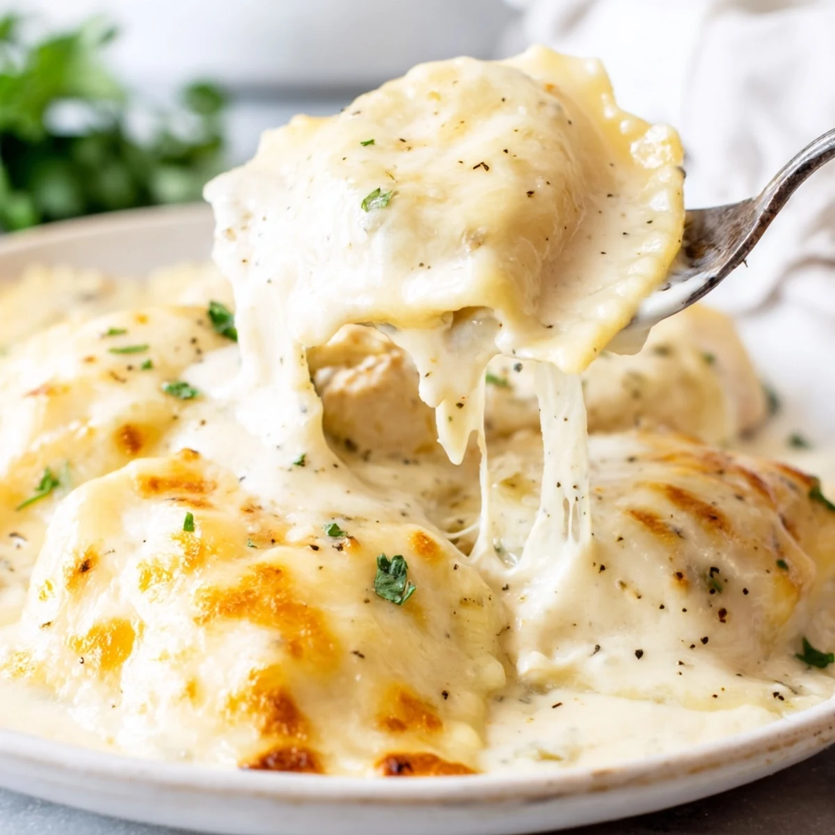 Golden bubbly chicken Alfredo baked ravioli with melted mozzarella in a casserole dish