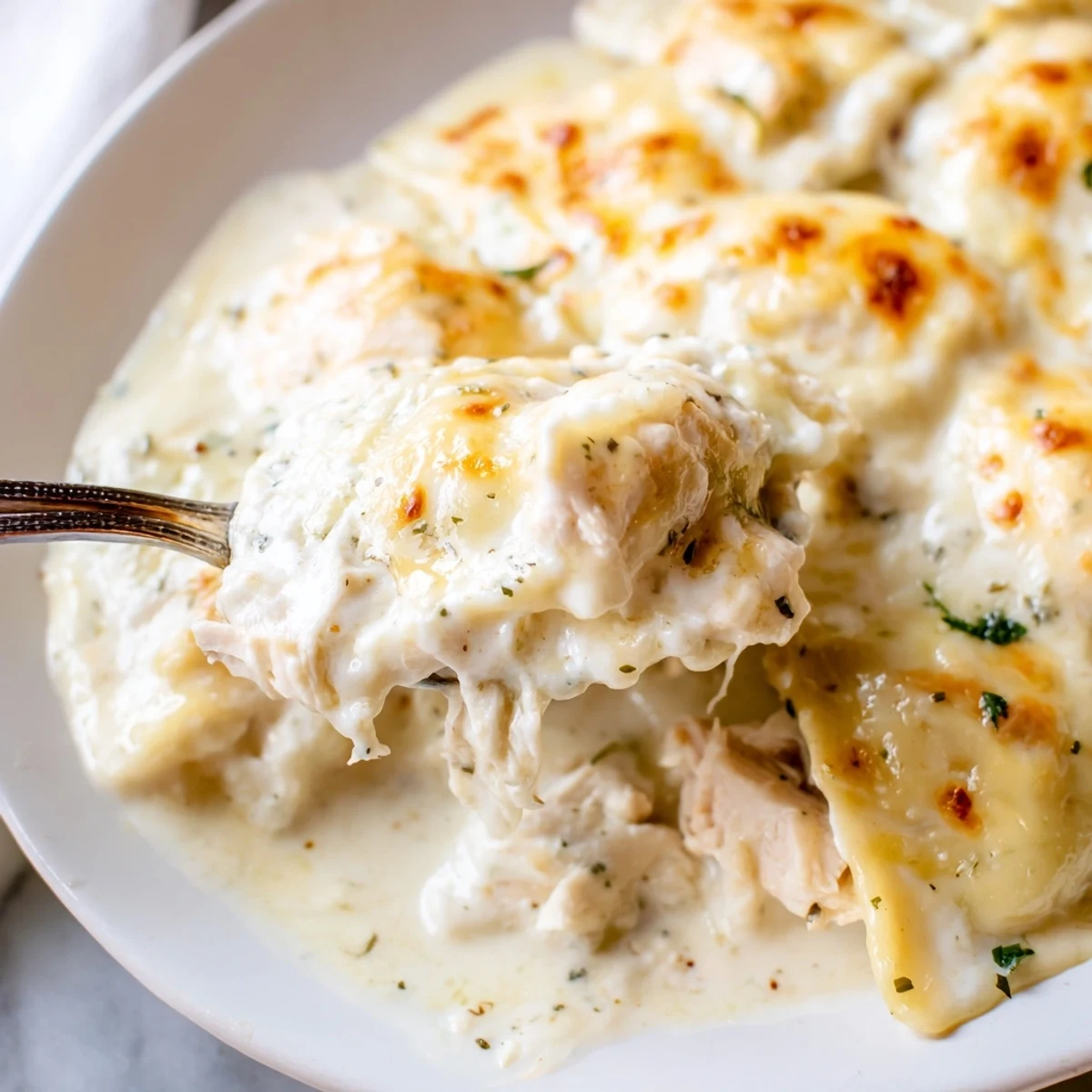 Cheesy chicken Alfredo baked ravioli scooped onto a plate showing tender pasta layers
