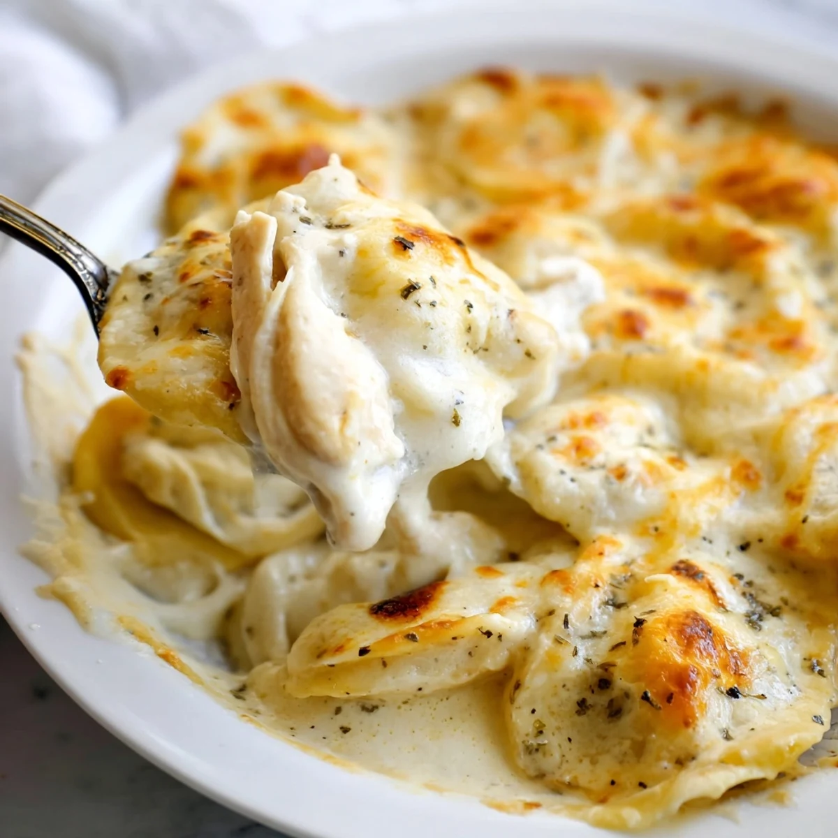 Creamy chicken Alfredo baked ravioli topped with Parmesan and fresh parsley garnish