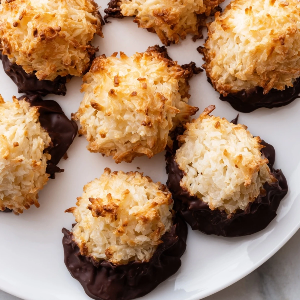 Golden coconut macaroons with crispy edges and chewy centers stacked on a rustic white plate